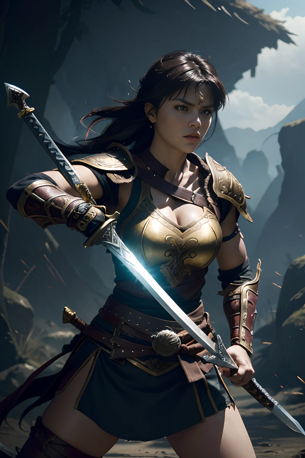 ((Offensive Stance)), ((wielding sword)), (Highly detailed CG Unity 16K wallpaper:1.1), (Denoising strength: 1.45), (tmasterpiece:1.37), Game style, Warrior princess Xena, hyper HD, Dark Fantasy,