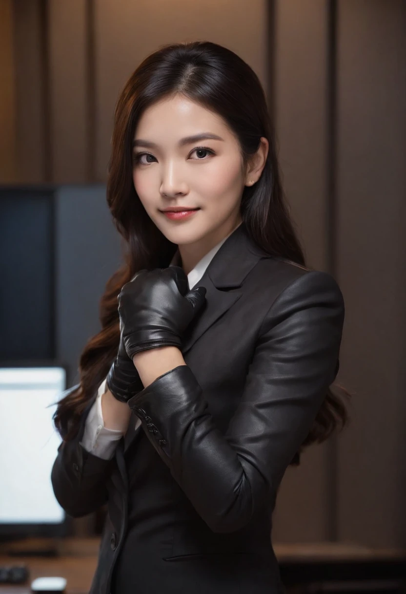 Wearing black leather gloves in both hands, upper body, black business suit, facing the desk in my room with a computer in the dark, looking down and smiling, operating the computer with the fingertips of black leather gloves, black hair bundled at the back for a long time, still young and very cute Japanese female new employee (black leather gloves cover both hands)