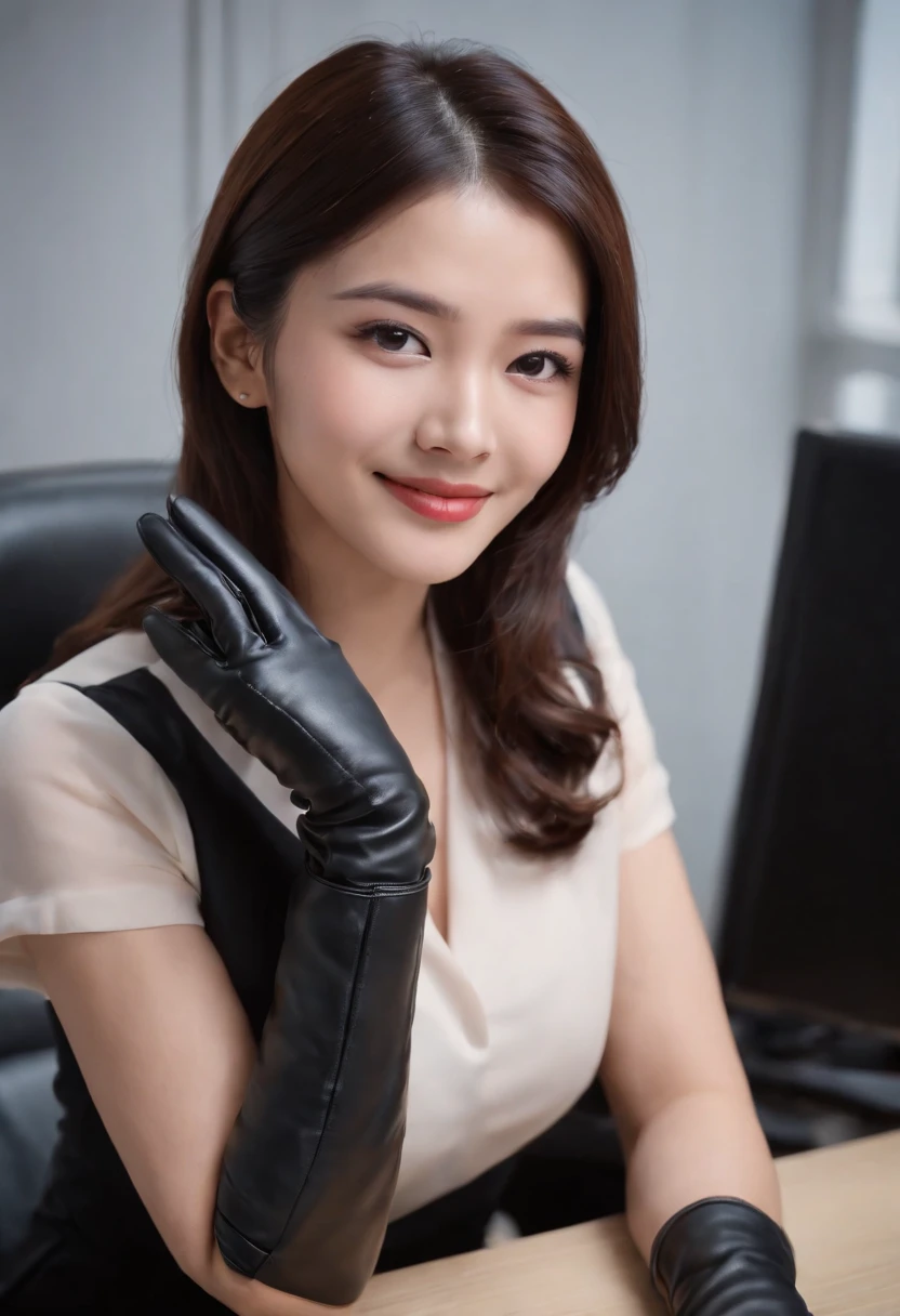 Wearing black leather gloves in both hands, upper body, black business suit, facing the desk in my room with a computer in the dark, looking down and smiling, operating the computer with the fingertips of black leather gloves, black hair bundled at the back for a long time, still young and very cute Japanese female new employee (black leather gloves cover both hands)