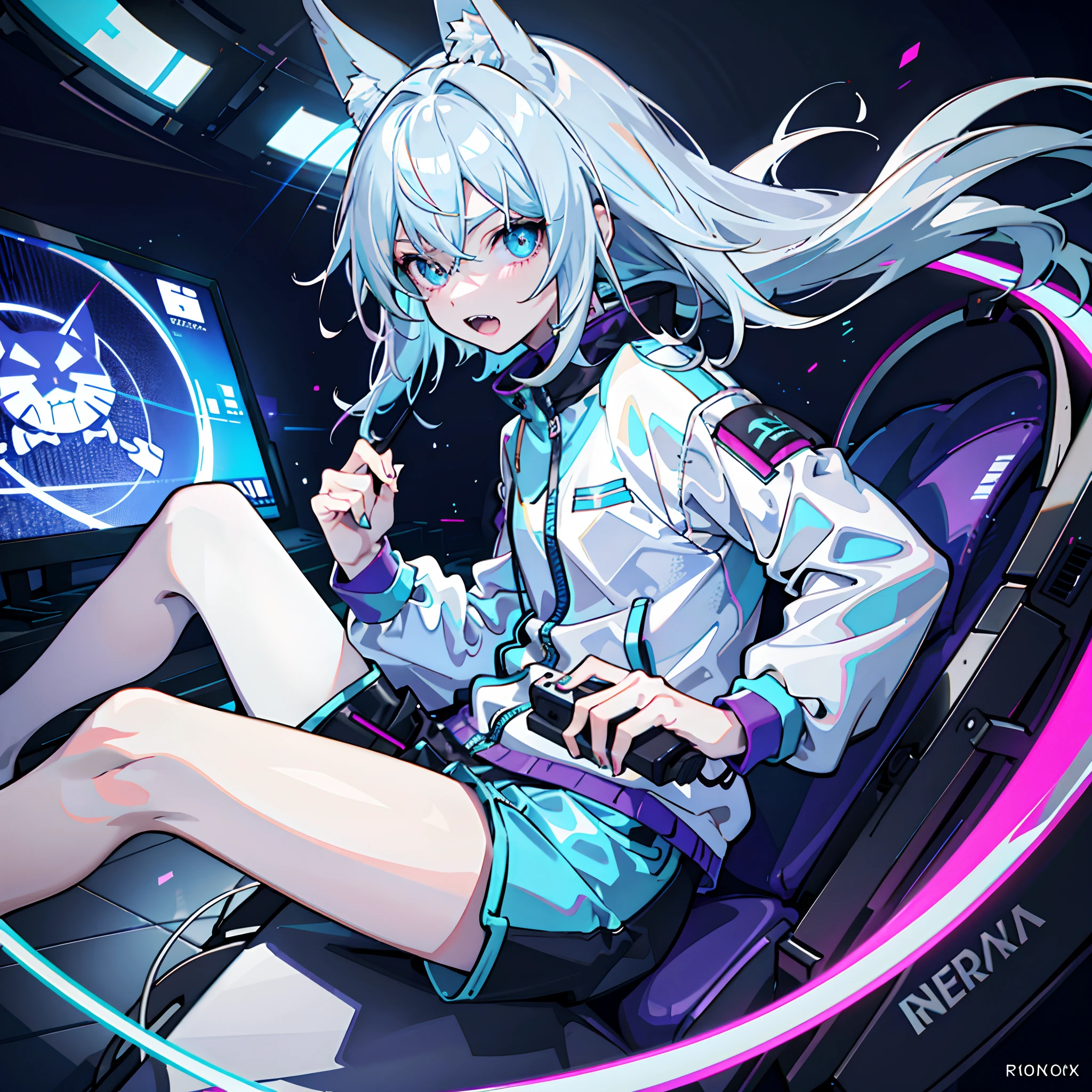 masterpiece, Best Quality, Colorful, from side, Teenager with white hair, mullet hairstyle, 1 girl, light blue slant eyes, open mouth, fangs, streaming, In dark voids filled with small intense particles of light, white blue tracksuit, shorts, playing games, holding game controller, sitting, Front floating screen, Dramatic viewing angles, Dynamic Pose, (Close-up of face focus:1.2), Detailed headphone cat with neon ears, Contrasty, color combination, Bright, depth of field, High resolution, Extremely complex details, Dramatic shadows, Global Illumination
