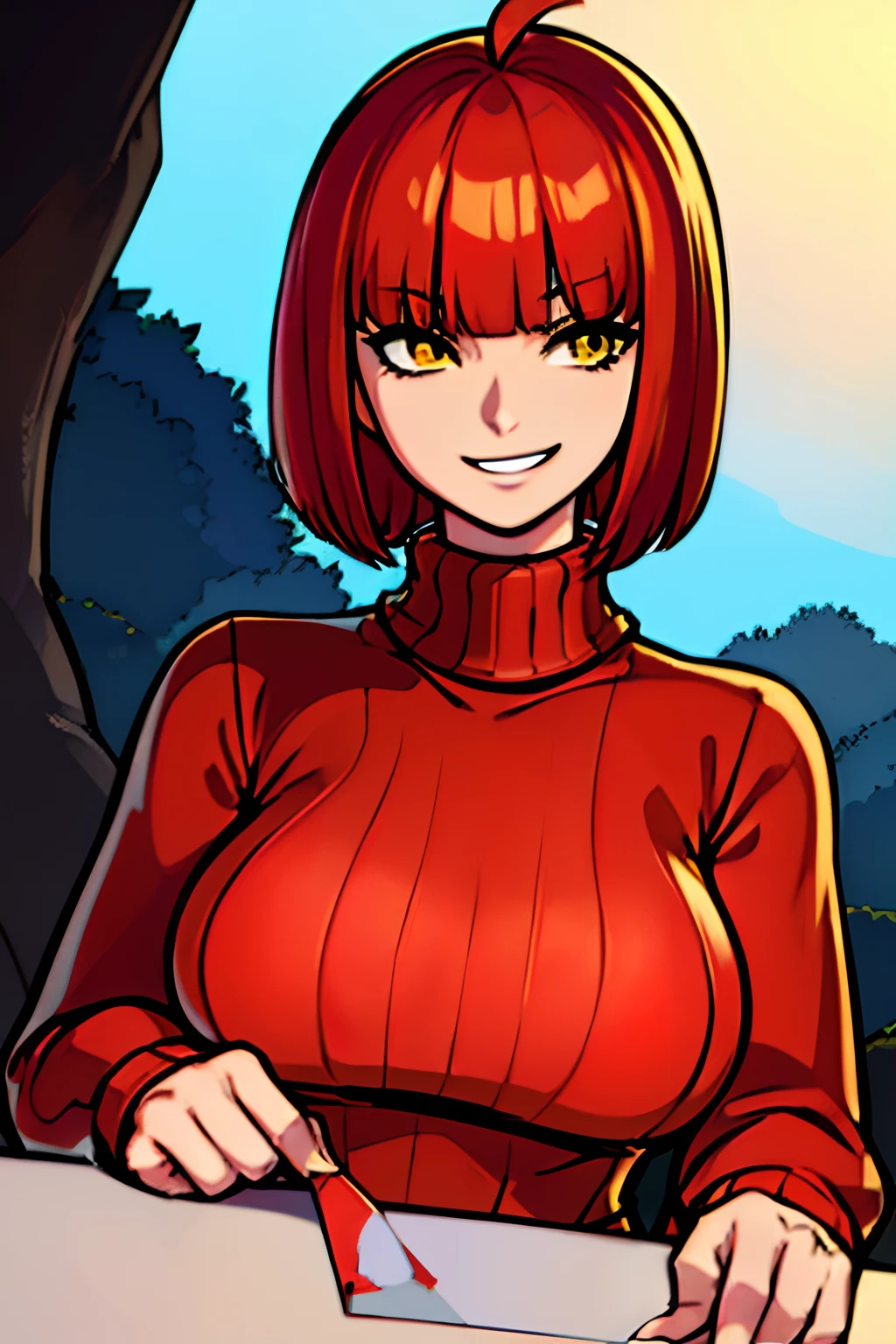 1girl, drgraevling, ((outdoor)), Short bob, Orange hair, Bangs, Yellow eyes, ahoge, ((solo Focus, upper body)), female focus, Face Focus, Upper body, smile, ((One piece type (red:1.4) high neck sweater:1.4)),