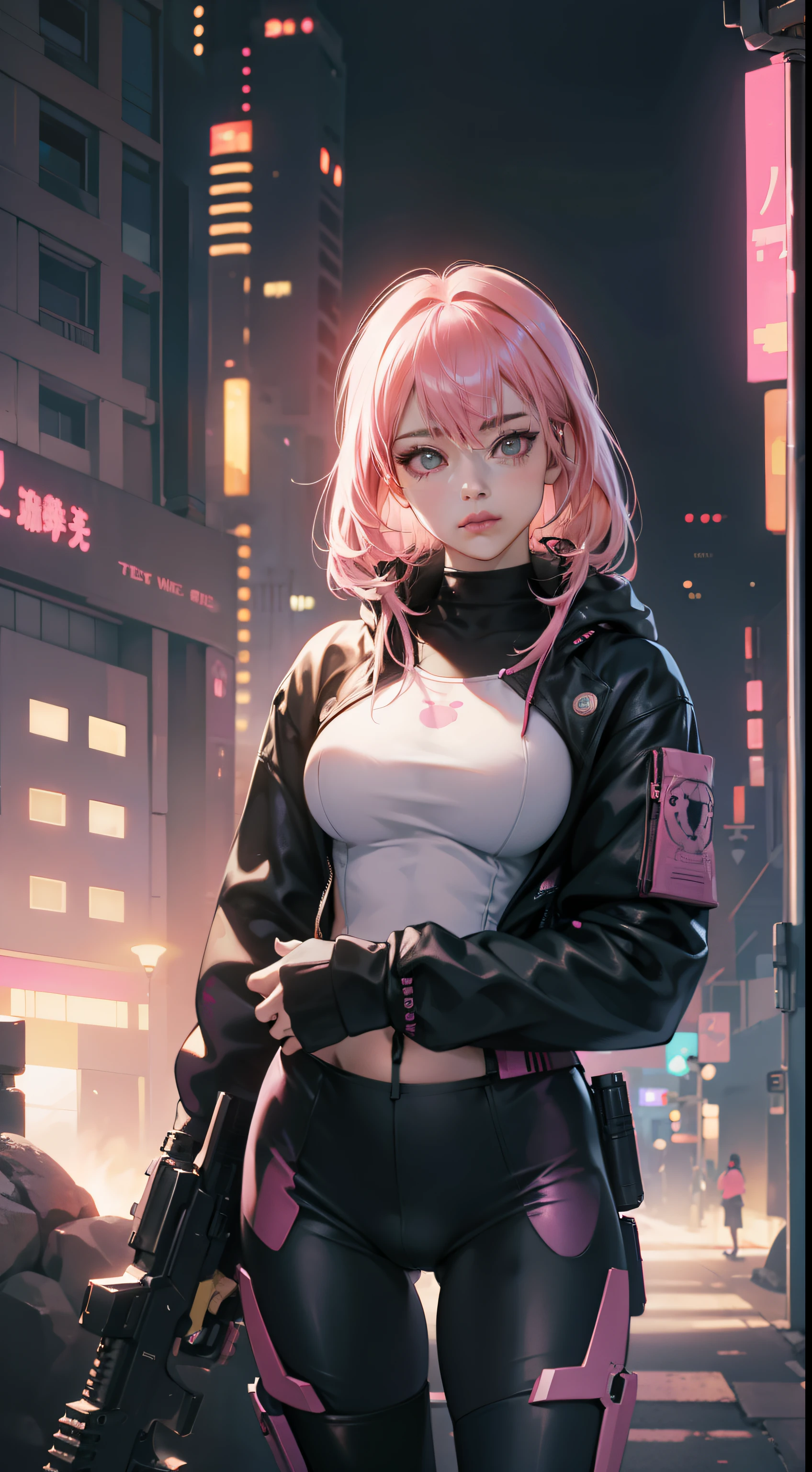 a female cyborg,doujin,hentai,kawaii,stylish,pussy,busty,pink pubic hair,glamour,pink color tone,psychedelic costume,armored,A Cyberpunk dystopian girl,fantasic dystopia,dystopian scape,bladerunner,ghost in the shell,photorealistic,psychedelic colourful tone,posing,armed,guns,weapons,masterpiece,detailed,8k,dramatic,cinematic