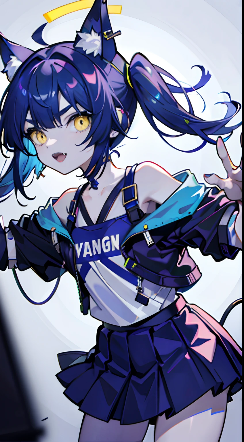 masterpiece, Best Quality, Colorful, r with blue hair, big sized twin tails, blunt bangs, straight bangs, messy hair, short hair, thick eyebrows, yellow slant eyes, fangs, touching translucent panels, In dark voids filled with small intense particles of light, short sleeve shirt, Jacket from the shoulder, pleated short skirt, Front floating screen, Dramatic viewing angles, Dynamic Pose, (Close-up of face focus:1.2), Detailed headphone earrings cat with neon ears, Contrasty, color combination, Bright
See all
depth of field, High resolution, Extremely complex details, Dramatic shadows, Global Illumination