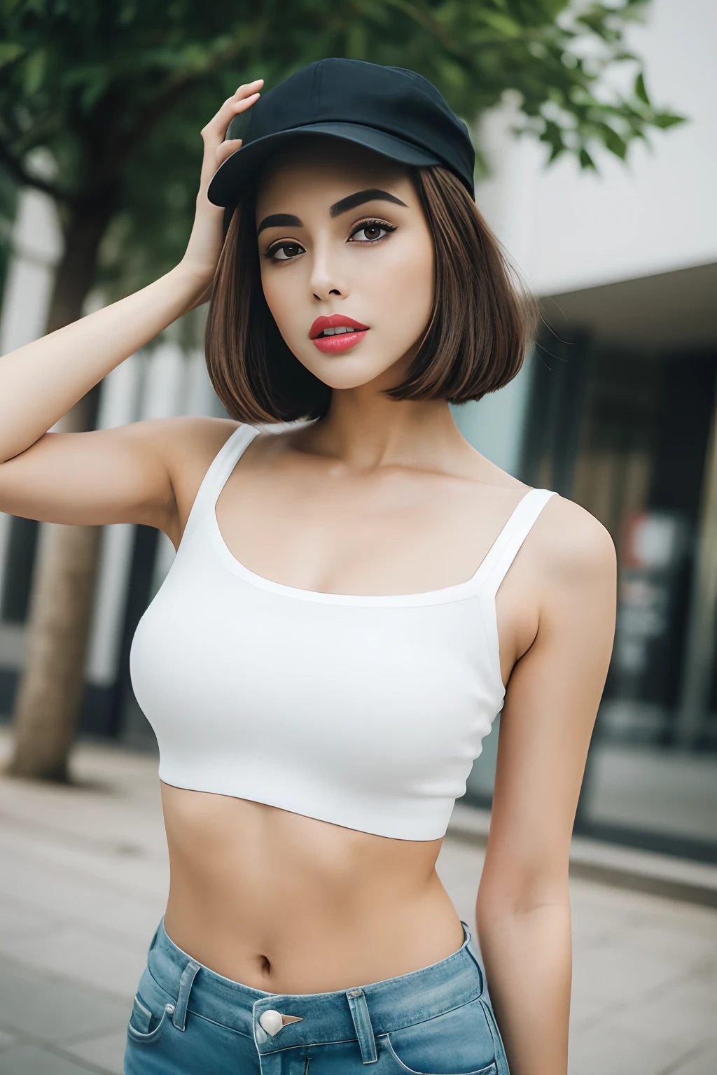 ((realistic lighting, best quality, 8k, master part: 1.3)), Clear focus: 1.2, 2Menina, figura perfeita: 1.4, ((cabelo curto bob)), (White tank top and high-waisted black jeans and a white sneaker: 1.4), , Cara super fina, Olhos Finos, double eyelids, Woman is posing seductively while wearing cap on street, inspired by Gina Pellón, instagram, Tachisme, Violeta Myers, Lorena Avarez, olivia culpo, Alanis Guillen, Parece Laura Barriales, Sofia Mudd, curtido ameera al taweel, mulher iraniana bonita, imagem de corpo inteiro