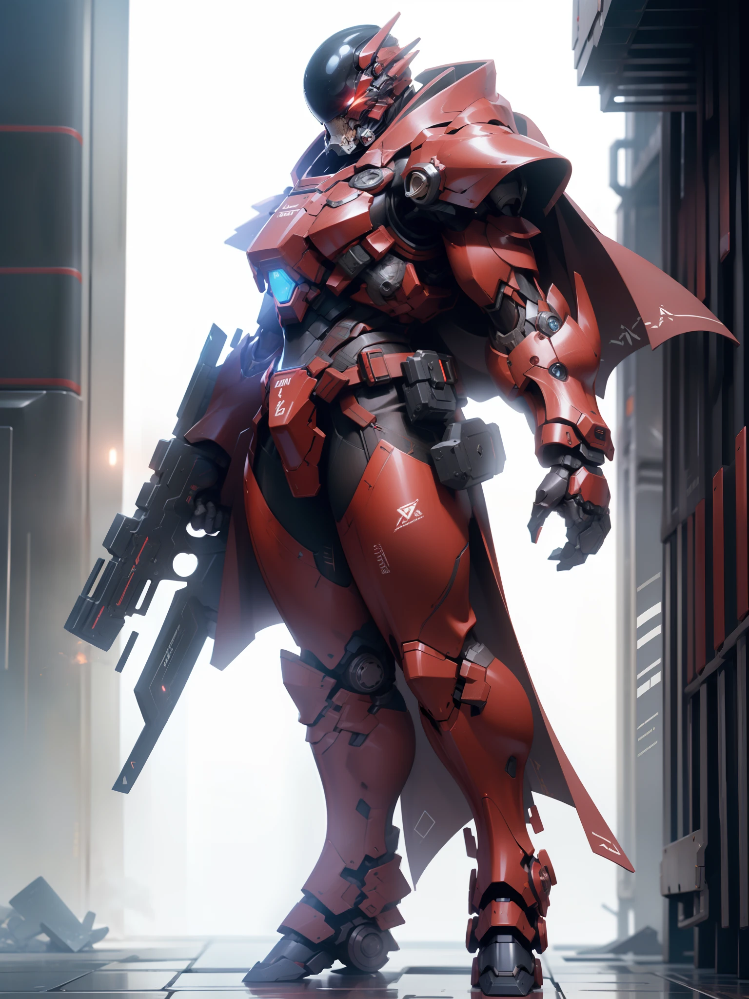 Hyper realistic illustration of super advanced ai 4D real life size of Gundam Venom, Black and Red Color wearing huge futuristic robe, neat and tidy body shape:: holding Super massive weapon, long shot, centered image, full view, hand granade, bulky, futuristic design, stylish weapon element, nerf weapon inspired, gunpla weapon inspired, nice color grading, color balance, clean and sharp image, nice brightness, dynamic shading, Nikon D4:: inspired by world class weapon illustration artist:: ((battlefield background, distruction, explosion))