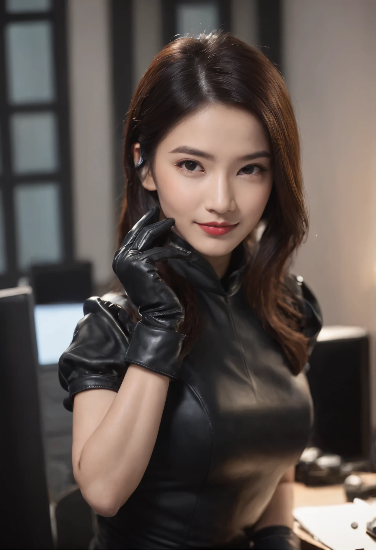 Wearing black leather gloves in both hands, upper body, black business suit, facing the desk in my room with a computer in the dark, looking down and smiling, operating the computer with the fingertips of black leather gloves, black hair bundled at the back for a long time, still young and very cute Japanese female new employee (black leather gloves cover both hands)