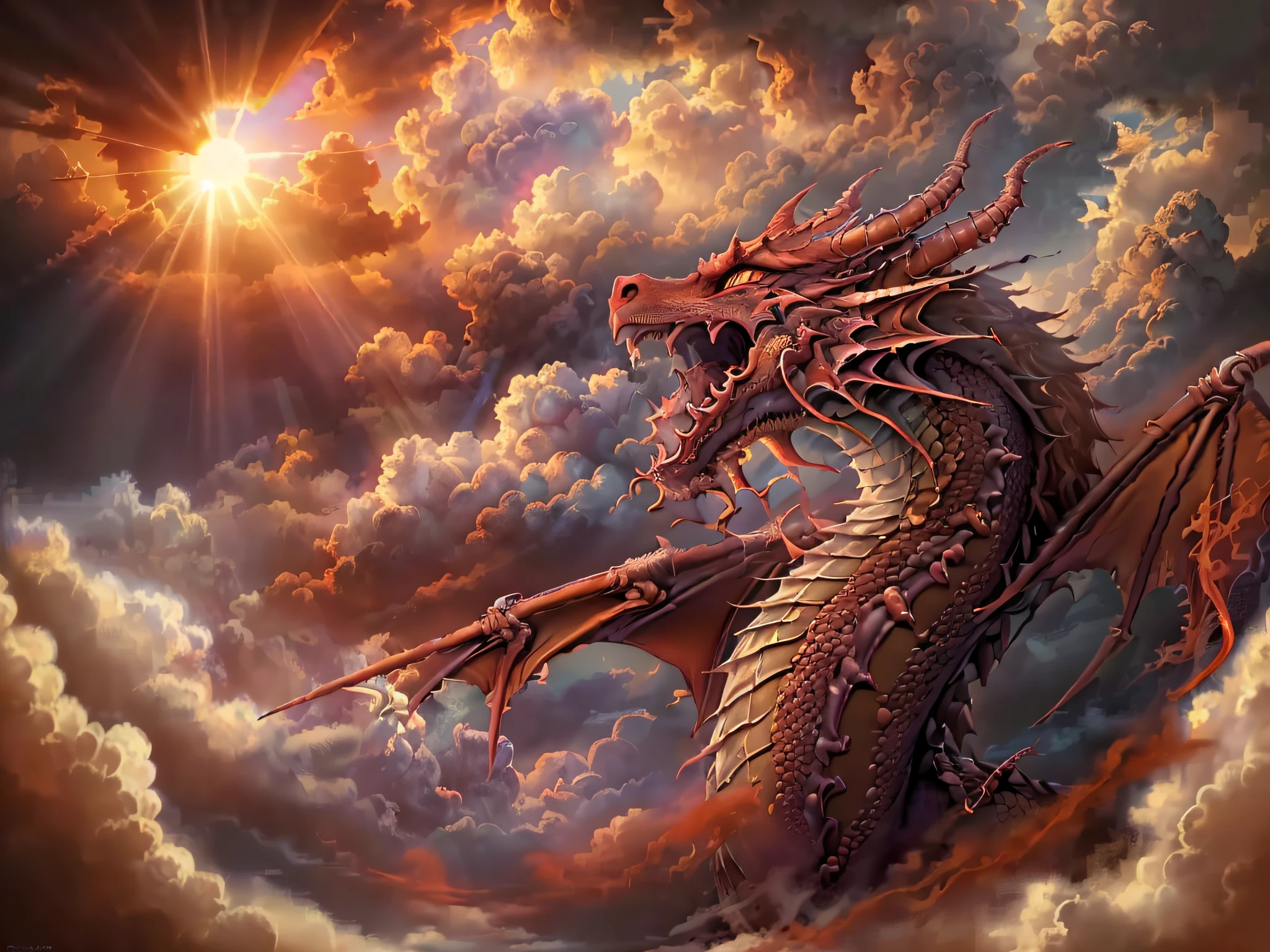 a picture of a red dragon flying in the sky (best details, Masterpiece, best quality :1.5), dragon_real cloudy skies background, an epic red dragon (best details, Masterpiece, best quality :1.5) extremely detailed dragon,  horns, breathing flame red fire, dragon_wings, dragon wings wide spread, ultra detailed face,  birds view, sun rays, red divine rays, sun rays reflected in clouds (best details, Masterpiece, best quality :1.5), sense of dread, sense of awe majestic atmosphere, ultra best realistic, best details, best quality, 16k, [ultra detailed], masterpiece, best quality, (extremely detailed), ultra wide shot, photorealism, depth of field, hyper realistic painting,