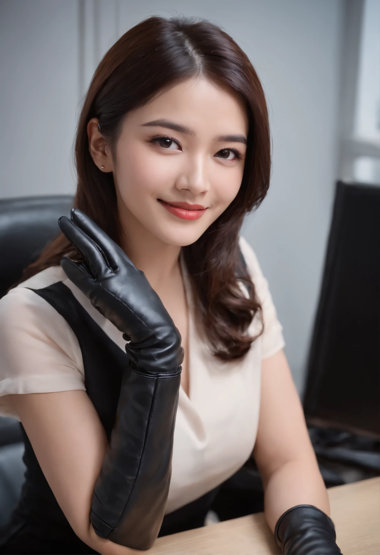 Wearing black leather gloves in both hands, upper body, black business suit, facing the desk in my room with a computer in the dark, looking down and smiling, operating the computer with the fingertips of black leather gloves, black hair bundled at the back for a long time, still young and very cute Japanese female new employee (black leather gloves cover both hands)