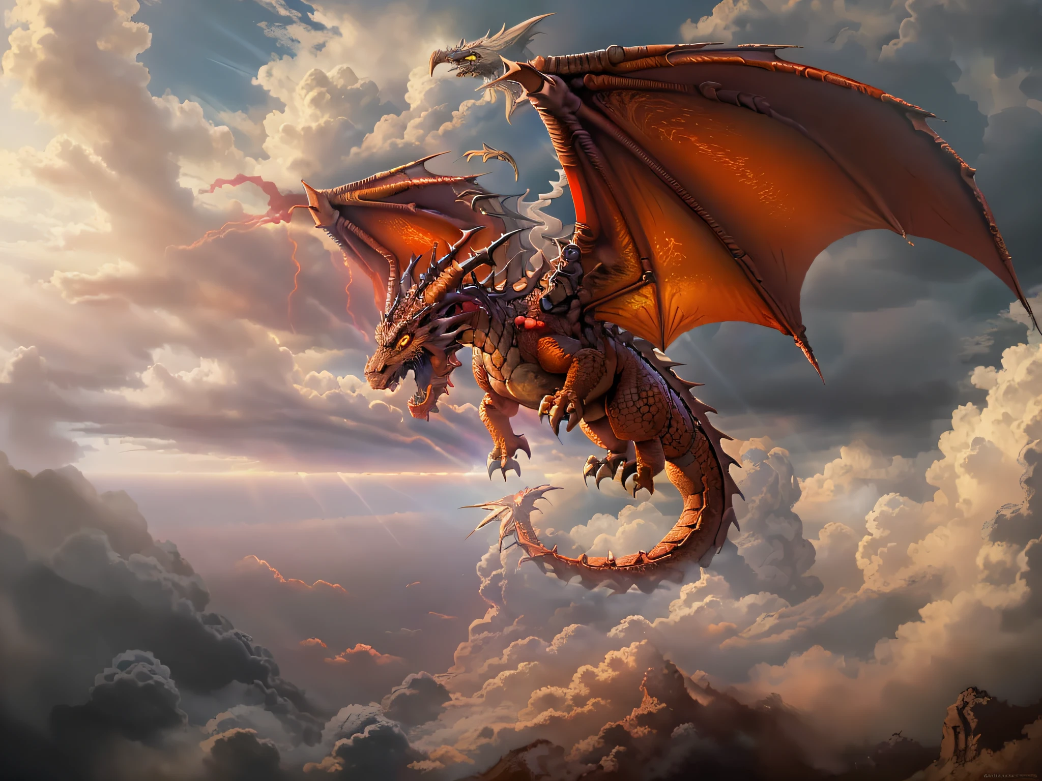 a picture of a red dragon flying in the sky (best details, Masterpiece, best quality :1.5), dragon_real cloudy skies background, an epic red dragon (best details, Masterpiece, best quality :1.5) extremely detailed dragon,  horns, breathing flame red fire, dragon_wings, dragon wings wide spread, ultra detailed face,  birds view, sun rays, red divine rays, sun rays reflected in clouds (best details, Masterpiece, best quality :1.5), sense of dread, sense of awe majestic atmosphere, ultra best realistic, best details, best quality, 16k, [ultra detailed], masterpiece, best quality, (extremely detailed), ultra wide shot, photorealism, depth of field, hyper realistic painting,