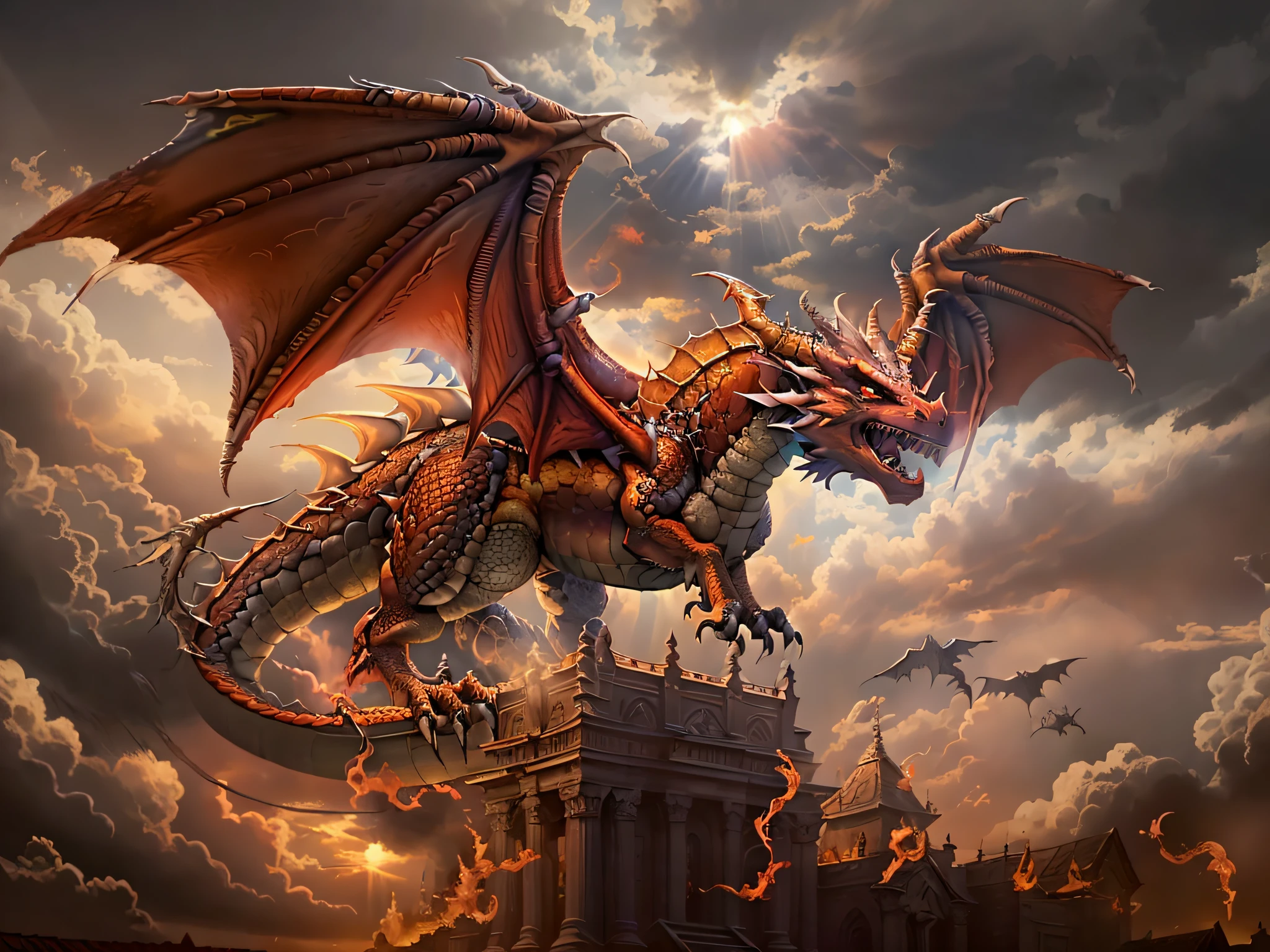 a picture of a red dragon flying in the sky (best details, Masterpiece, best quality :1.5), dragon_real cloudy skies background, an epic red dragon (best details, Masterpiece, best quality :1.5) extremely detailed dragon,  horns, breathing flame red fire, dragon_wings, dragon wings wide spread, ultra detailed face,  birds view, sun rays, red divine rays, sun rays reflected in clouds (best details, Masterpiece, best quality :1.5), sense of dread, sense of awe majestic atmosphere, ultra best realistic, best details, best quality, 16k, [ultra detailed], masterpiece, best quality, (extremely detailed), ultra wide shot, photorealism, depth of field, hyper realistic painting,