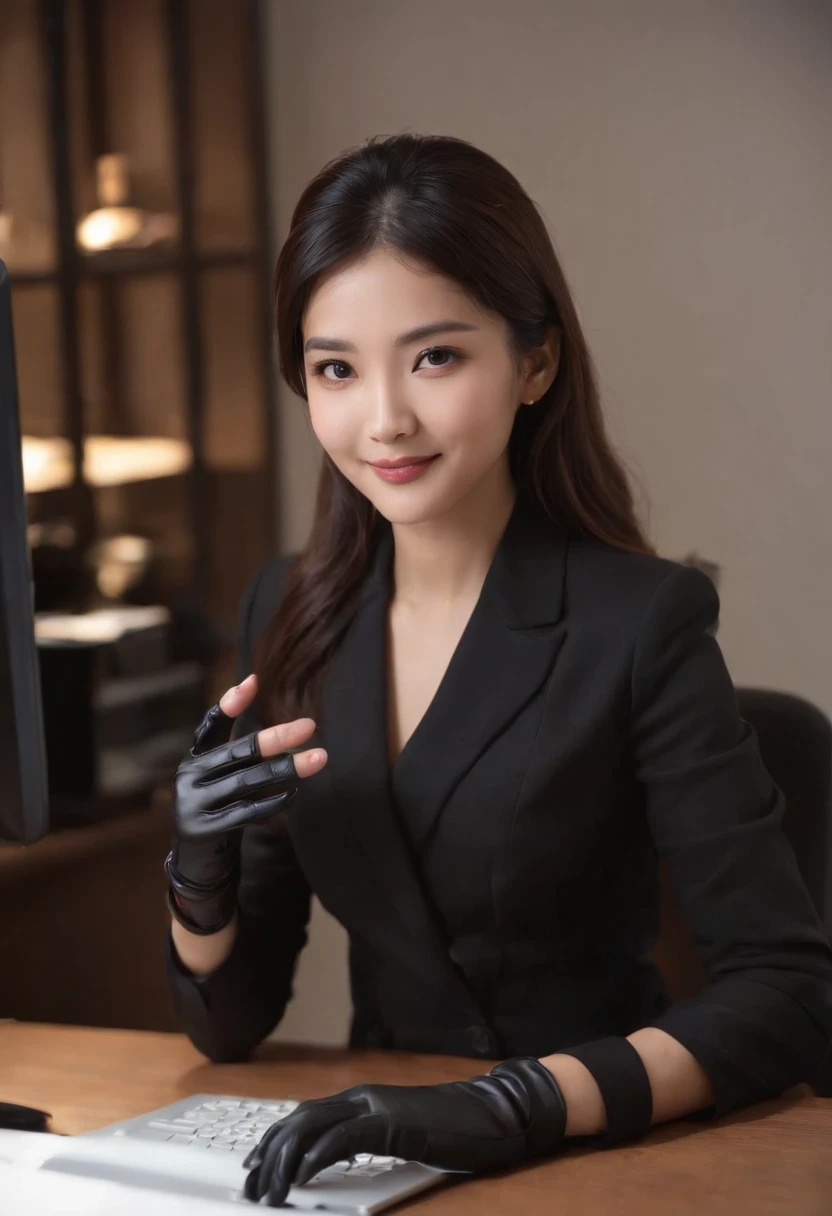Wearing black leather gloves in both hands, upper body, black business suit, facing the desk in my room with a computer in the dark, looking down and smiling, operating the computer with the fingertips of black leather gloves, black hair bundled at the back for a long time, still young and very cute Japanese female new employee (black leather gloves cover both hands)