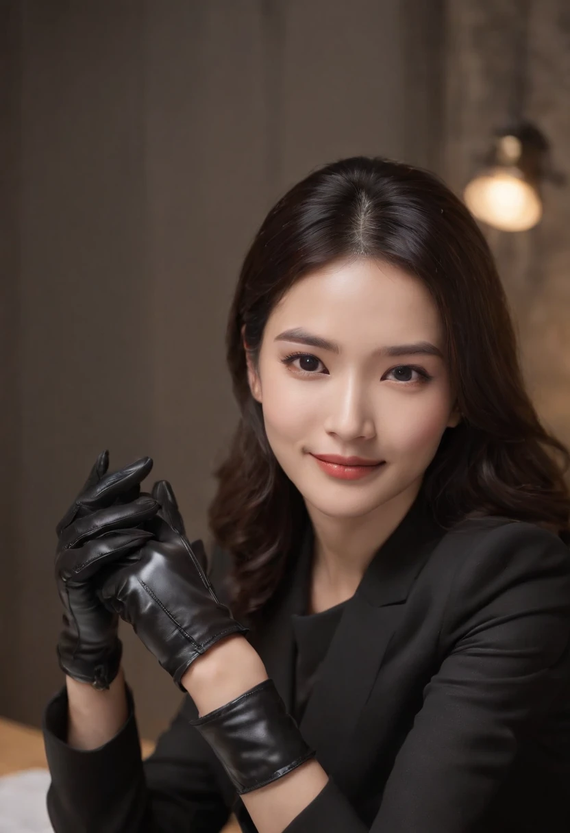 Wearing black leather gloves in both hands, upper body, black business suit, facing the desk in my room with a computer in the dark, looking down and smiling, operating the computer with the fingertips of black leather gloves, black hair bundled at the back for a long time, still young and very cute Japanese female new employee (black leather gloves cover both hands)