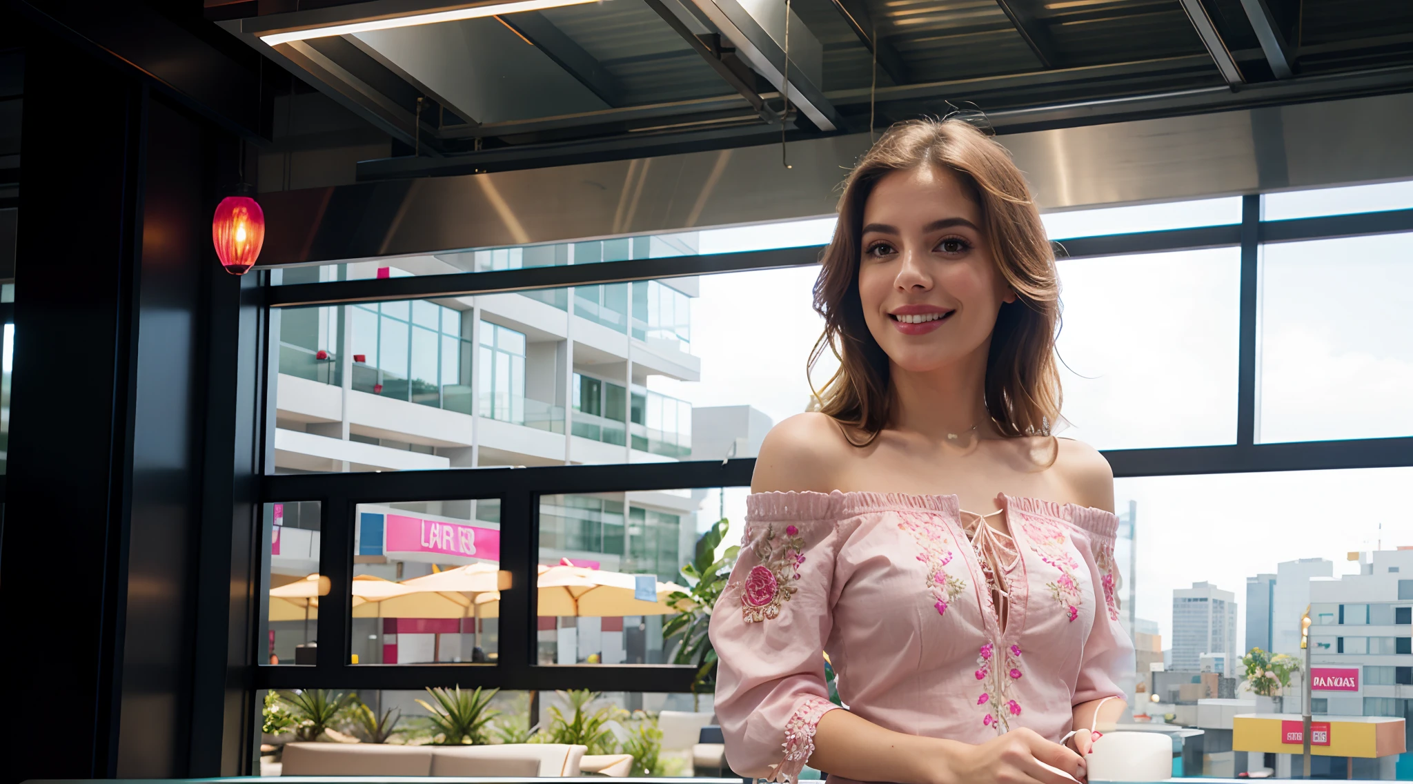 light pink blouse, unbuttoned top, verical embroidered design in front, off-shoulder, fancy laces, sexy design, both hands holding on to a coffee tumbler, lowered position