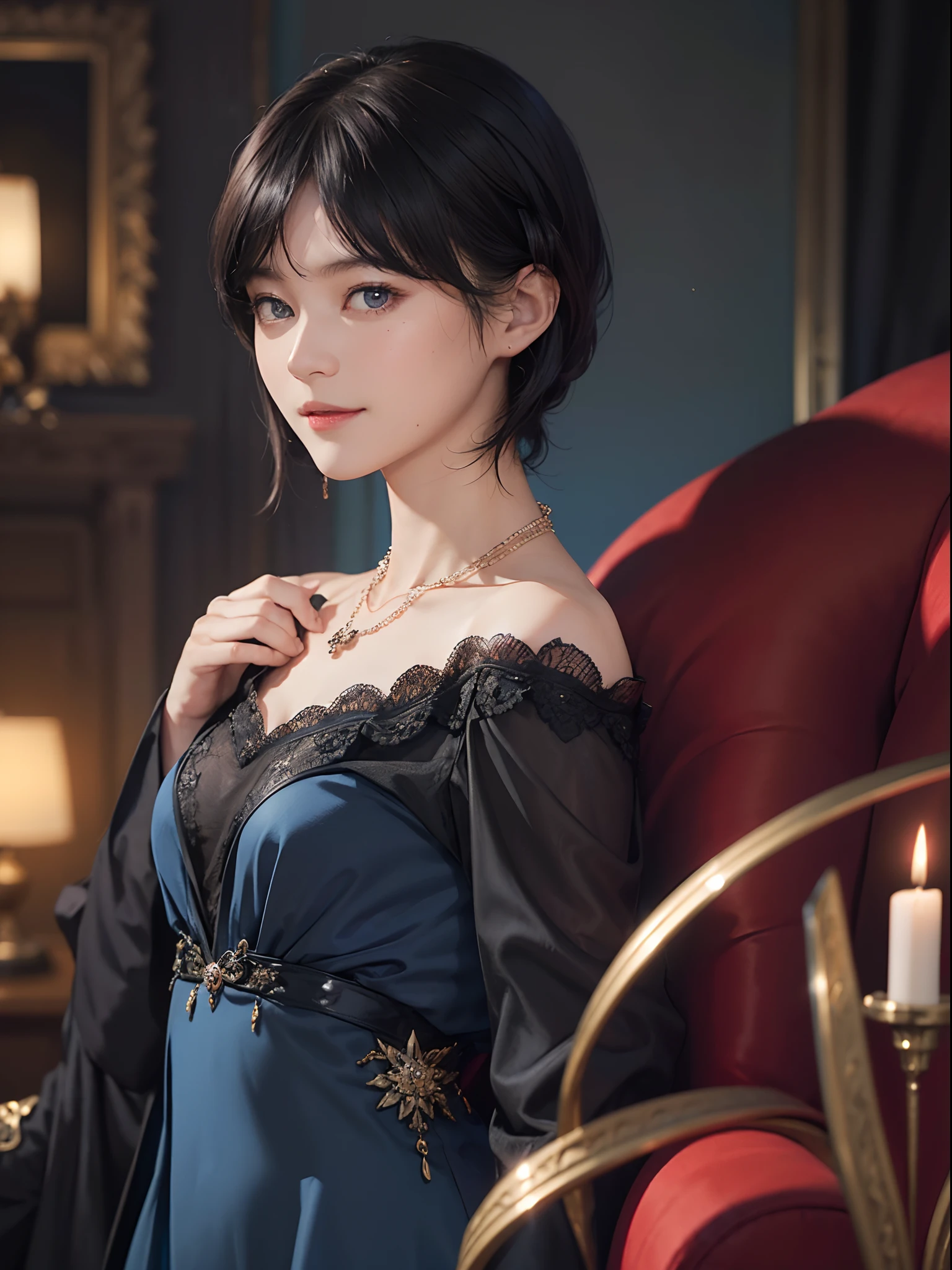 ((1womanl)), (((Black Shorthair))), (masuter piece:1,2)、top-quality、masterpiece、hight resolution、Original、highly detailed wallpaper、dress code、Luxurious necklace, A slight smil、a small face、(Breast)、(Red or blue dress)、Live-action style