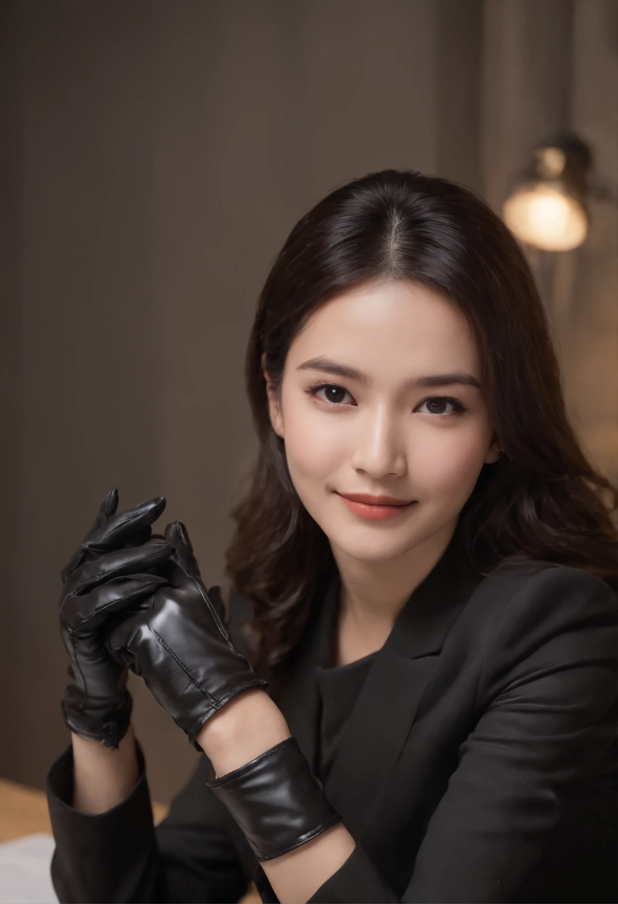 Wearing black leather gloves in both hands, upper body, black business suit, facing the desk in my room with a computer in the dark, looking down and smiling, operating the computer with the fingertips of black leather gloves, black hair bundled at the back for a long time, still young and very cute Japanese female new employee (black leather gloves cover both hands)