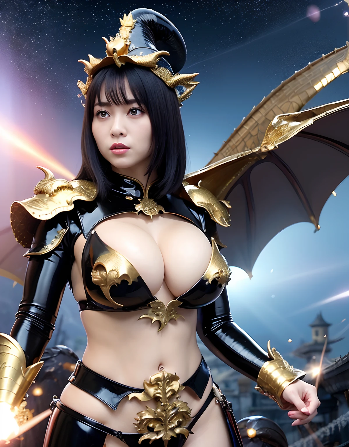 ((World of Darkness)),Professional , ​masterpiece、top-quality、photos realistic , depth of fields 、(((Fight dragons))),（Dragon Black Metal Body:1.9),(Latex Blue、（cleavage of the breast）,（Fight dragons）、、(((Particles of light))),（Micro Bikini Armor:1.7),Gorgeous gold weapons ,（Fight dragons）、Seductive look、The face of the dragon is out、（blood splattere、Armpit、（(((With a magic wand))), ） , (((Wearing a black latex wizard hat))),（demonic wings）   ,（（a blond））、（Castle background）、（（Gangle's forest background））、Beautiful Caucasian beauty、１a person、Armpit、dynamic ungle,(((Detailed Gold Dragon Wizard Hat)))、Smaller head、A smile、Castle background、Thin and beautiful female hands、cleavage of the breast、Soldier in iron armor on background、Mystical expression、Light Effects、intense fighting、Wind-effect、magic circles、With the legendary magic wand、Dragon's tail、explosions、Toostock、Toostock、(Beautuful Women),