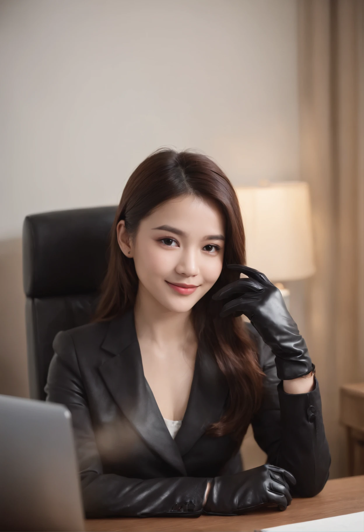 Wearing black leather gloves in both hands, upper body, black business suit, facing the desk in my room with a computer in the dark, looking down and smiling, operating the computer with the fingertips of black leather gloves, black hair bundled at the back for a long time, still young and very cute Japanese female new employee (black leather gloves cover both hands)