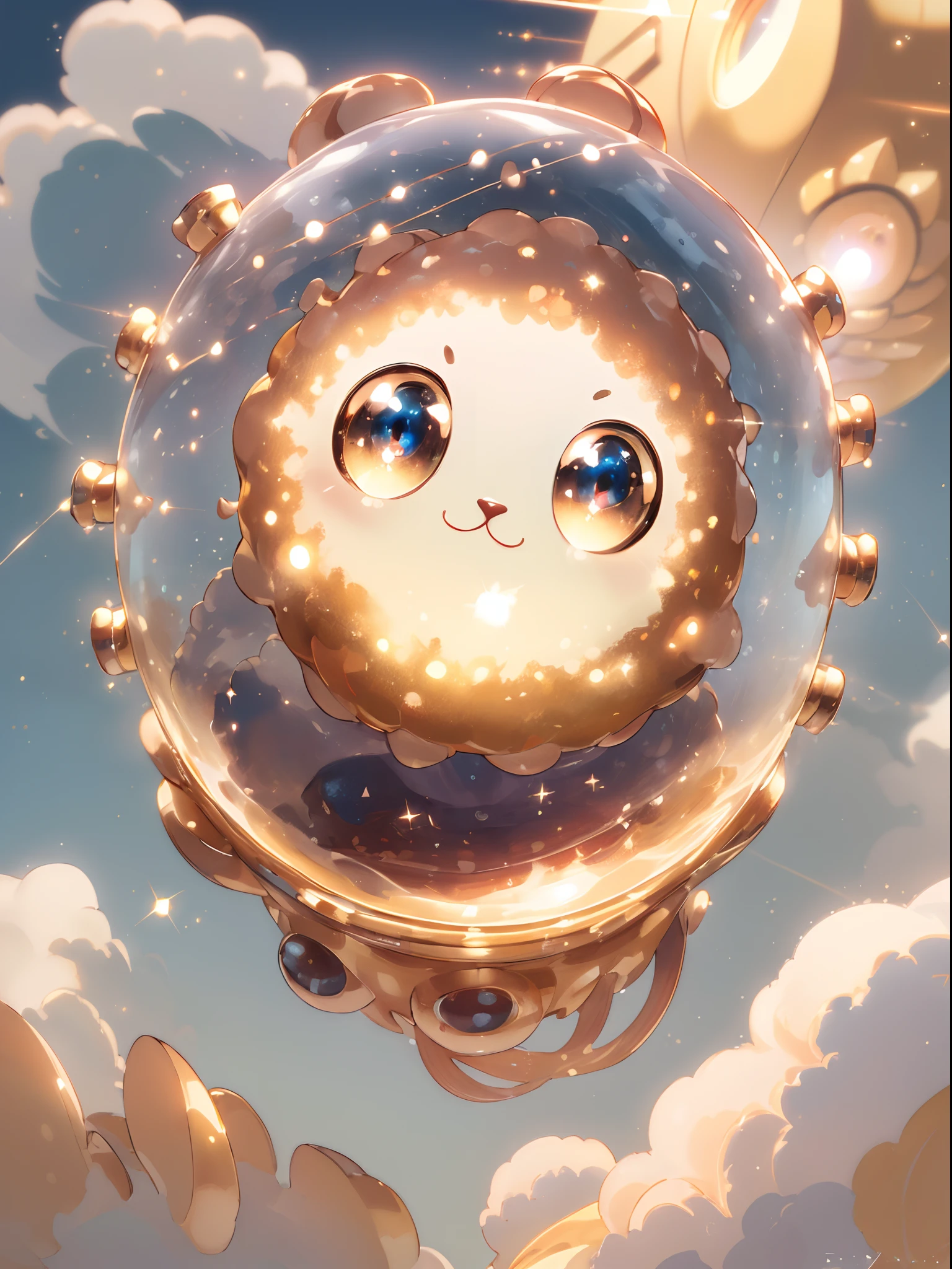 (best quality,ultra-detailed,realistic:1.37),3D-rendered,fluffy,kawaii,round-shaped monster with(big dazzling eyes),floating in mid-air,shimmering brightly,golden.