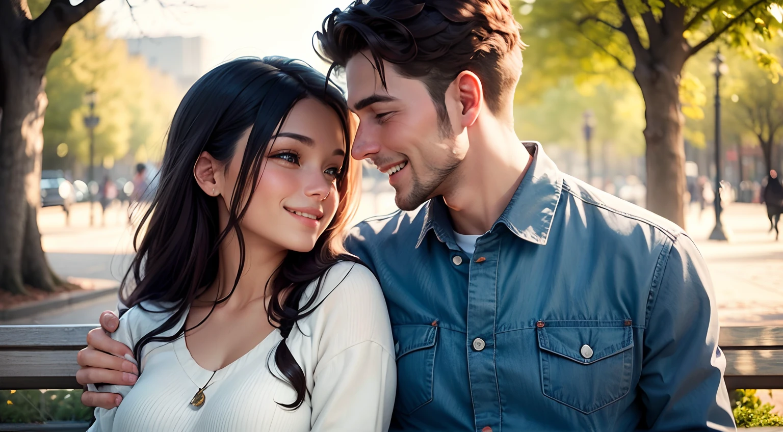 Image: A photo of a woman and a man sitting on a park bench, smiling at each other. The woman has her hand on the man's shoulder.