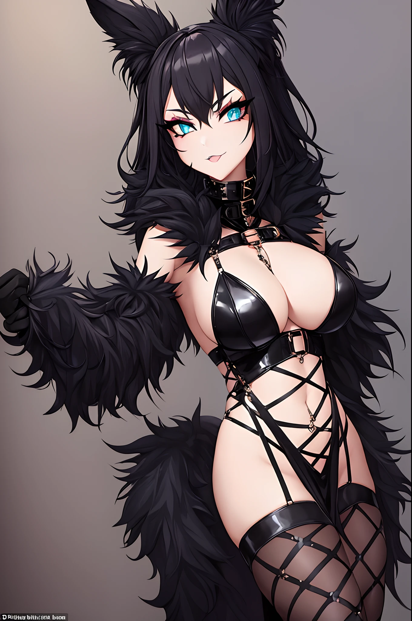 (Furry goth girl) with a seductive gaze, showcasing intricate fur patterns on her face and captivating eyes, smooth legs, high heels. She confidently wears a spiked collar and embraces her dominatrix persona in a revealing cosplay outfit, exposed cleavage exposed navel. Ear piercings complement her overall daring look.