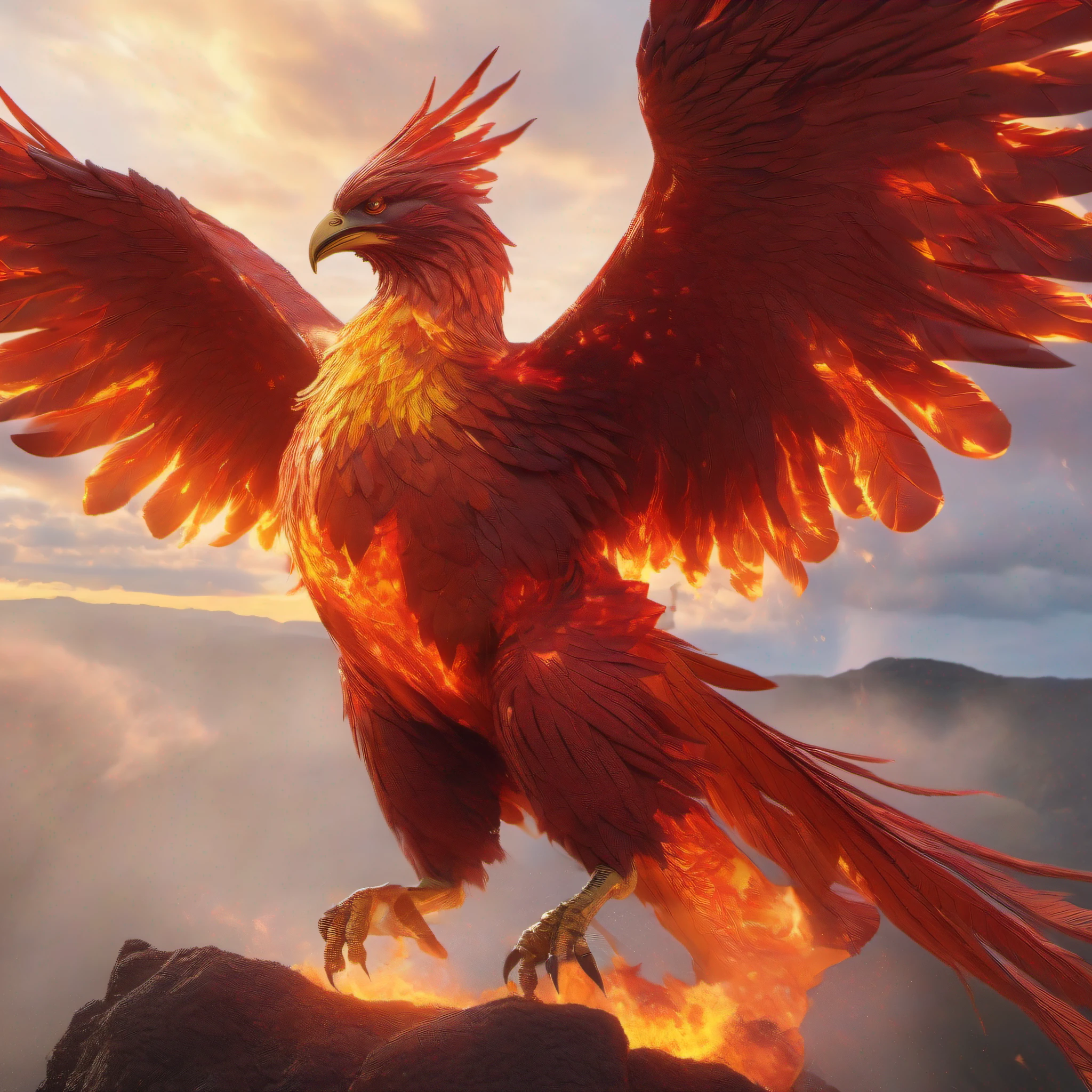 Masterpiece、high-detail、A hyper-realistic、((A giant phoenix made of flames born from the bright red magma of a volcanic crater flutters its wings)):1.9