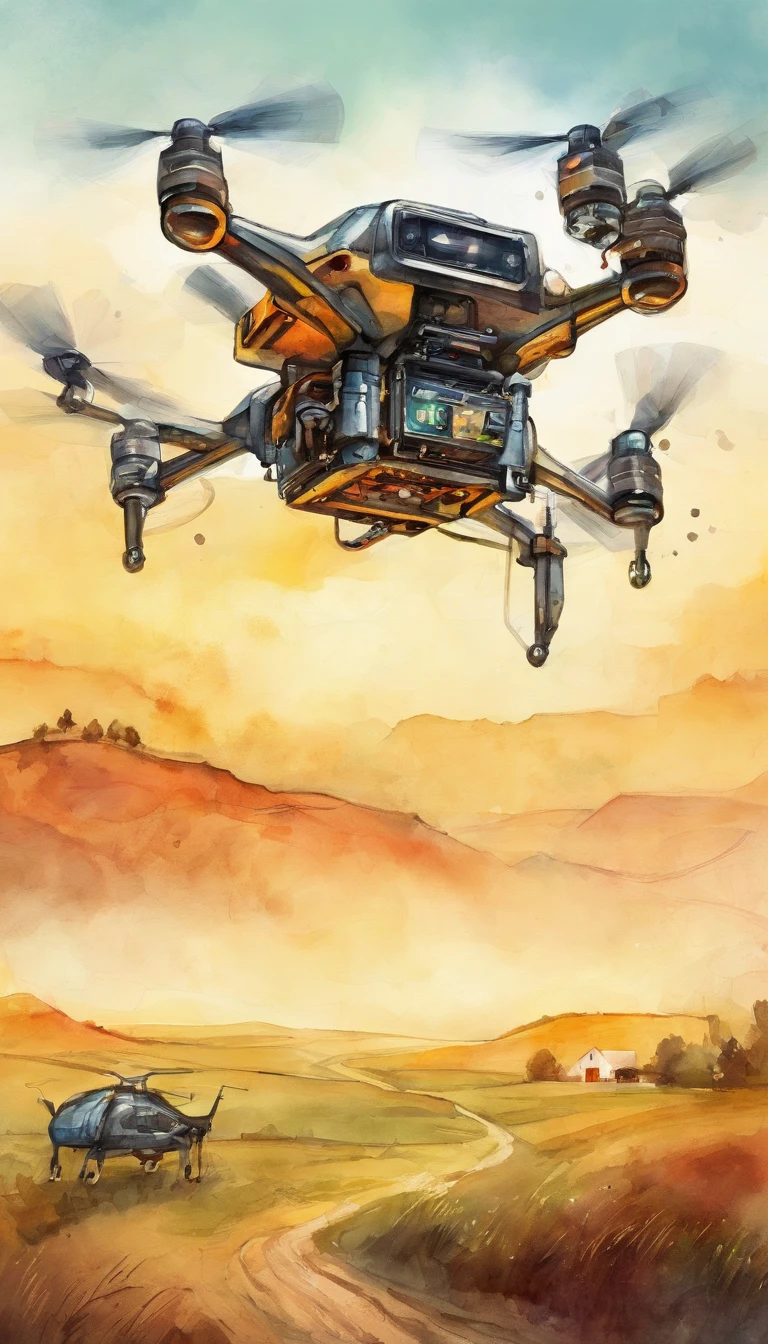 Hexacopter drone flying over farmland,cyber punk style,illustration,Flight stability,Unique perspective,Dynamic graphics,Full of technology。