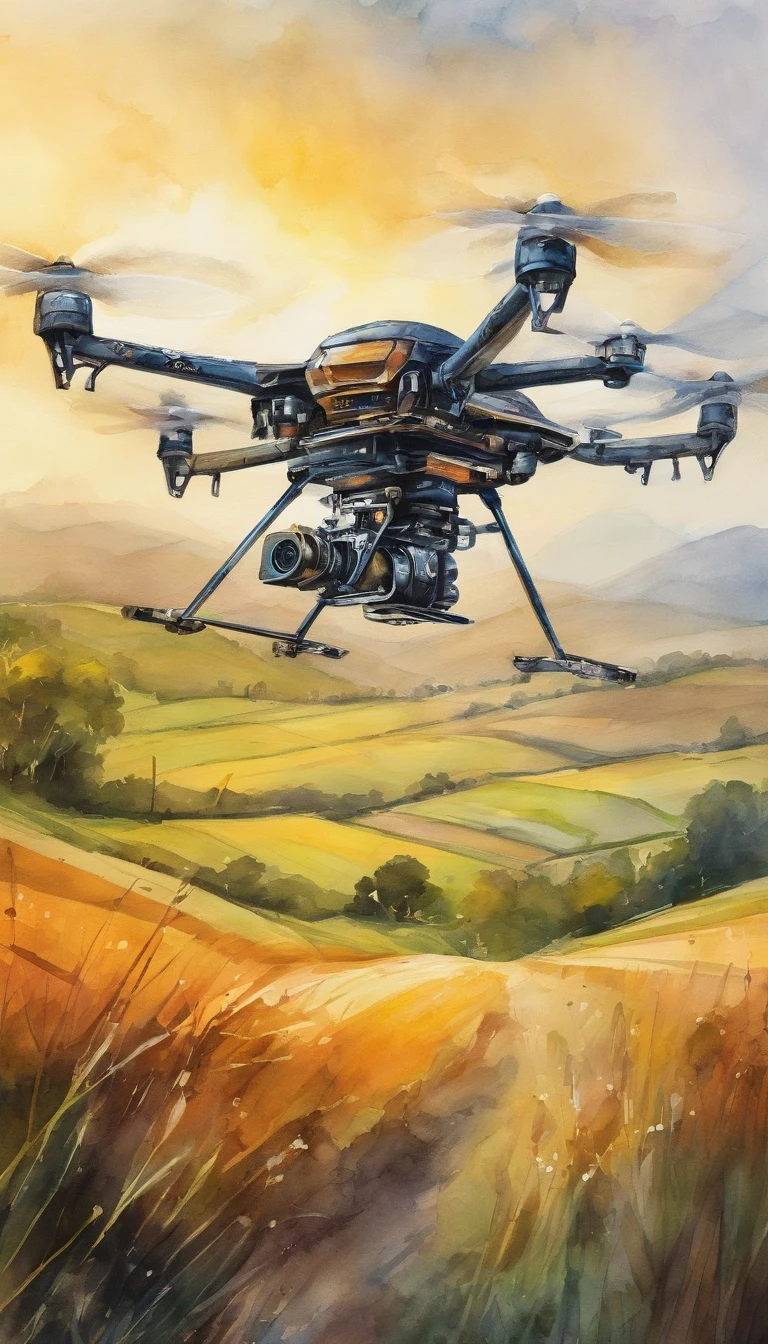 Hexacopter drone flying over farmland，cyber punk style，illustration，Flight stability，Unique perspective，Dynamic graphics，Full of technology。