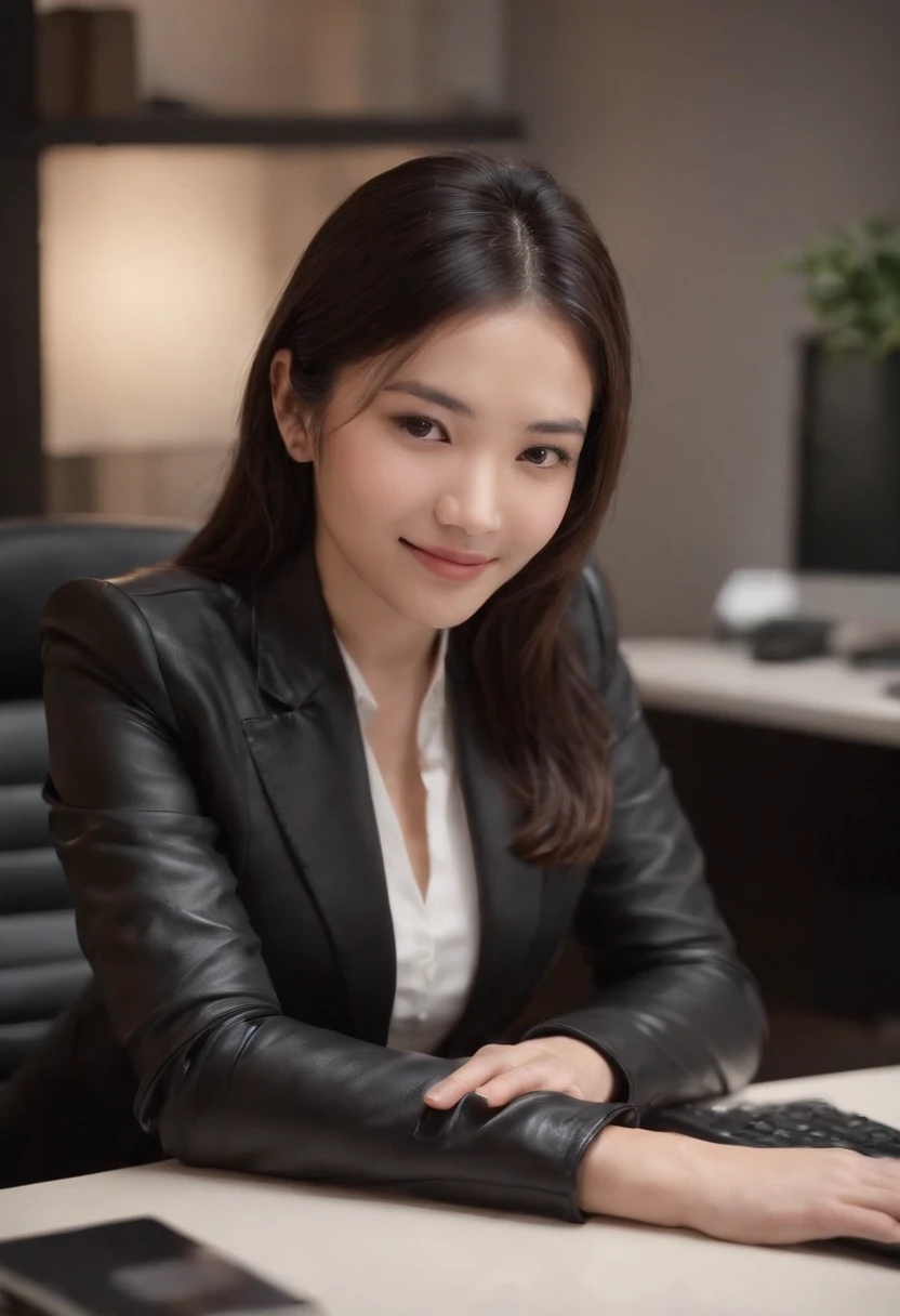 Wearing black leather gloves in both hands, upper body, black business suit, facing the desk in my room with a computer in the dark, looking down and smiling, operating the computer with the fingertips of black leather gloves, black hair bundled at the back for a long time, still young and very cute Japanese female new employee (black leather gloves cover both hands)