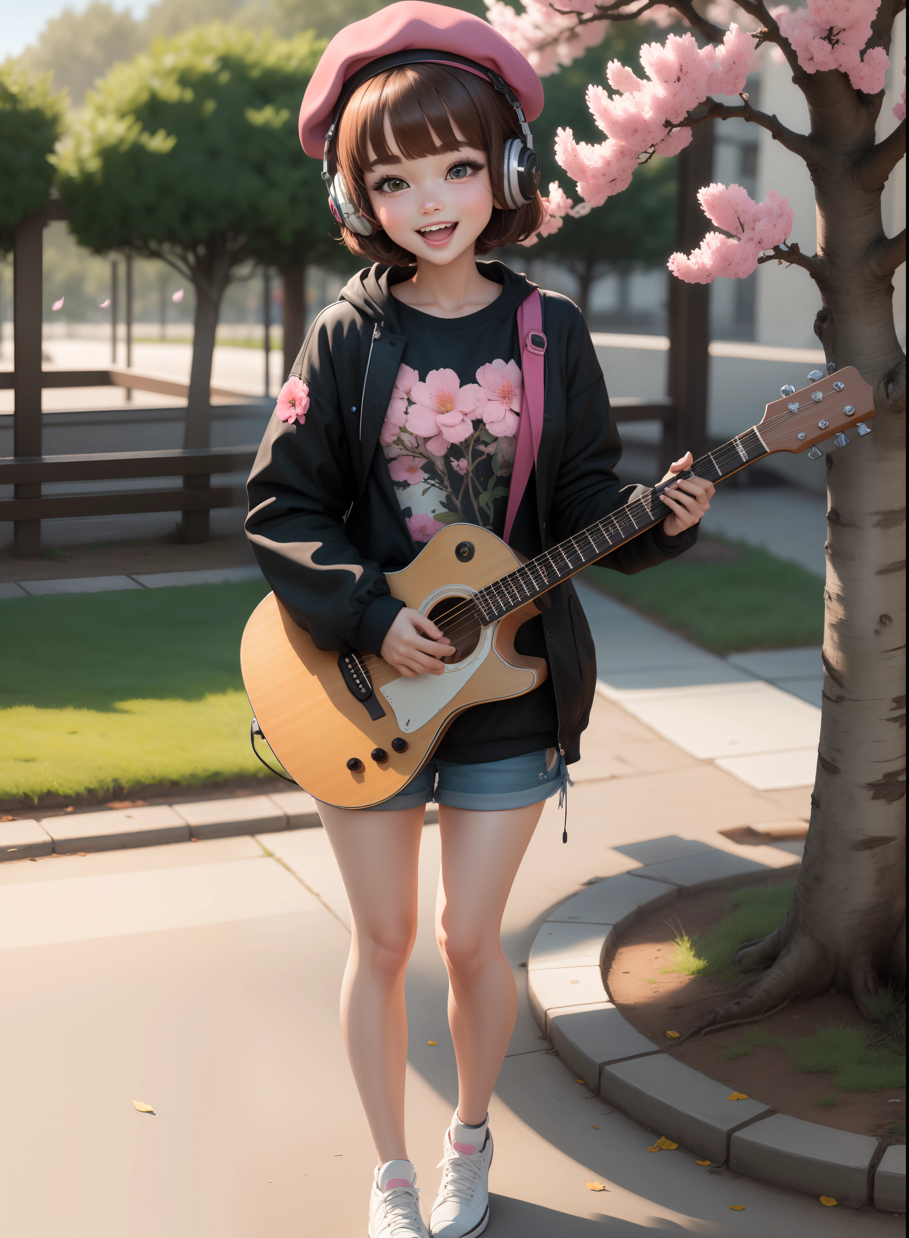 (masterpiece),(best quality),(ultra-detailed), (full body:1.2),
1girl,chibi,cute, smile, open mouth,
flower, outdoors, playing guitar, music, beret, holding guitar, jacket, blush, tree, :3, shirt, short hair, cherry blossoms, green headwear, blurry, brown hair, blush stickers, long sleeves, bangs, headphones, black hair, pink flower,
(beautiful detailed face), (beautiful detailed eyes),