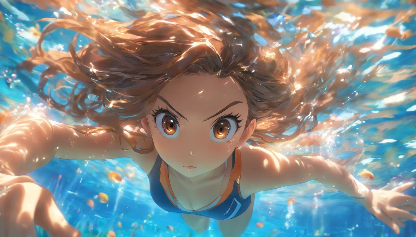 foreshortening, Depth of field, Masterpiece, Best quality, 1girll, Brown hair, Brown eyes, Long hair, Underwater, airbubble, Solo, view the viewer, School swim wear, Swimming, Dappled sunlight,