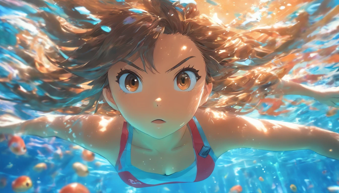 foreshortening,  Depth of field, Masterpiece, Best quality, 1girll, Brown hair, Brown eyes,  Long hair, Underwater, airbubble, Solo, view the viewer, School swim wear, Swimming,  Dappled sunlight,