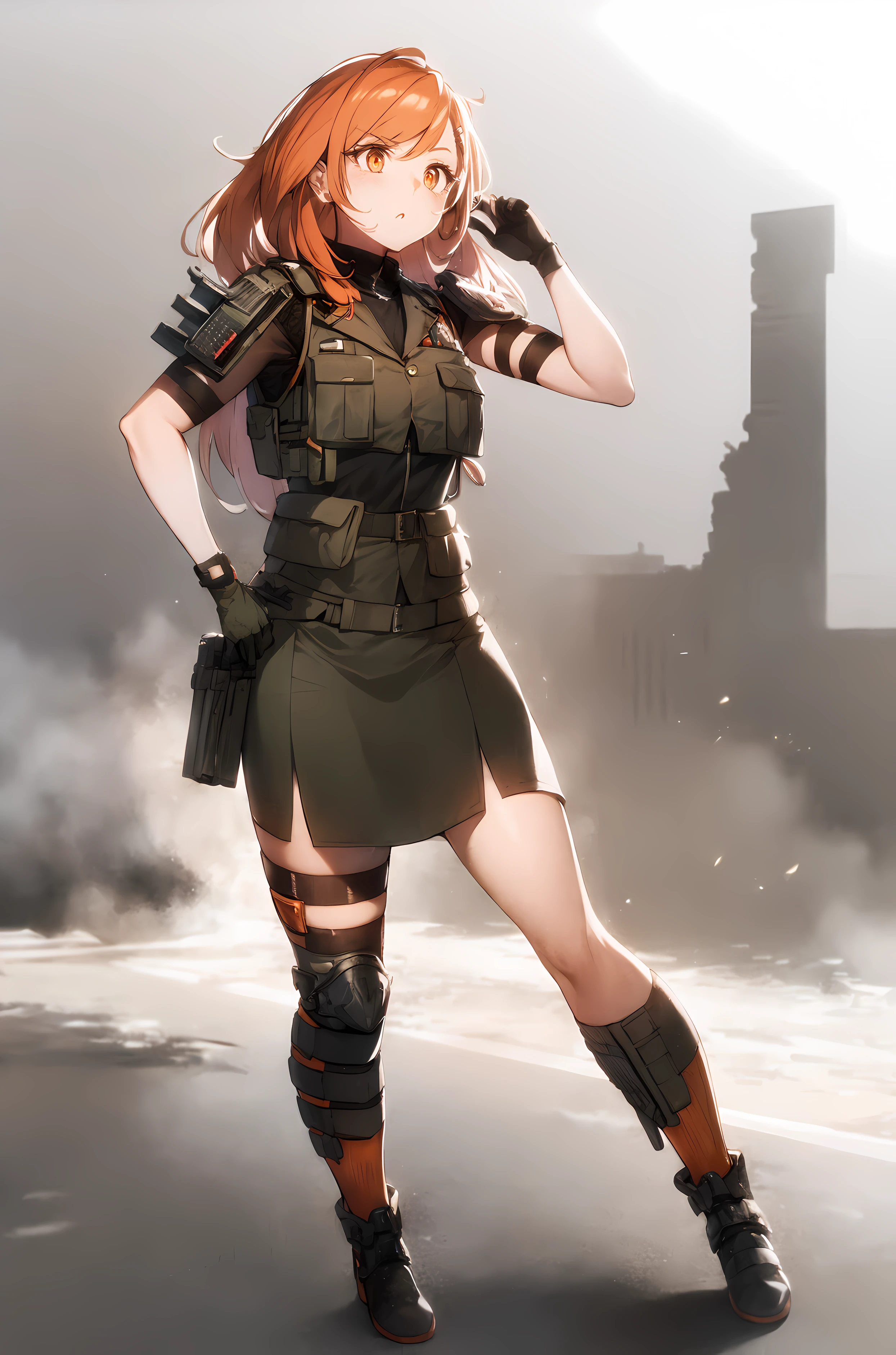 Galil orange eyes richly faded light long orange hair khaki sport skirt, body armor, vhs filter, best face, Ruin town in background, full body, body bulletproof vest, smog