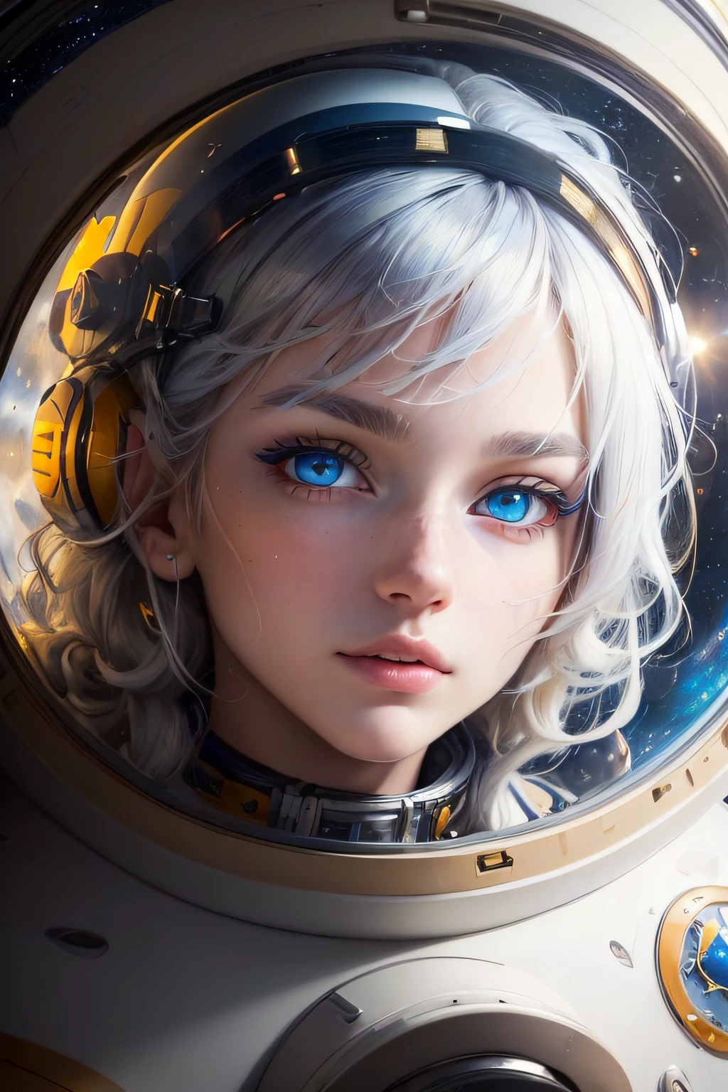 (A better quality masterpiece in close-up:1.5)0.9], (space and astronaut:1.2) (messy silver hair:1.1) (yellow eyes with heterochromia and blue eyes:1.2) (space helmet:1.0) (colored stars in the eyes:1.0) (radiant light:1.1) (big lips:0.9)