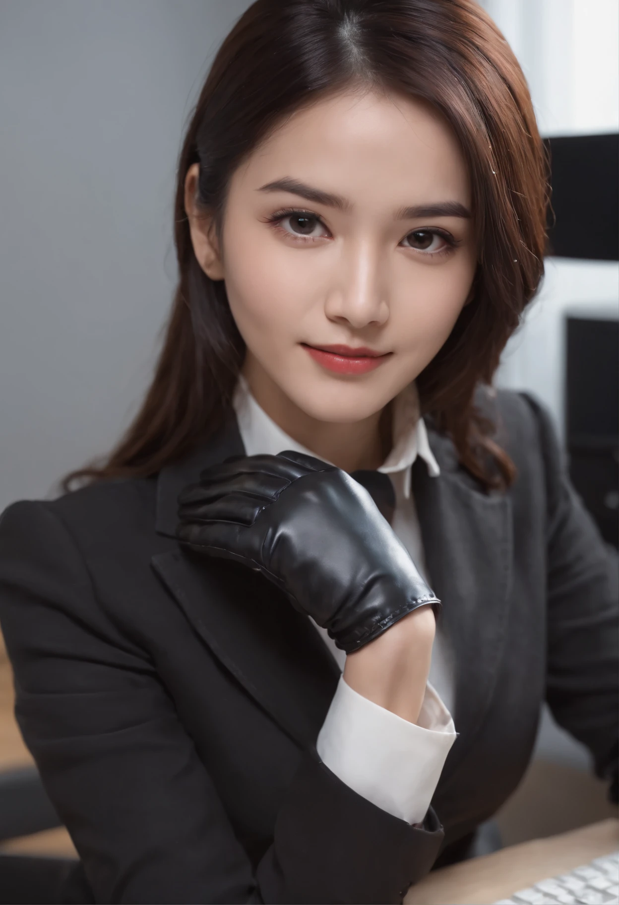 Wearing black leather gloves in both hands, upper body, black business suit, facing the desk in my room with a computer in the dark, looking down and smiling, operating the computer with the fingertips of black leather gloves, black hair bundled at the back for a long time, still young and very cute Japanese female new employee (black leather gloves cover both hands)