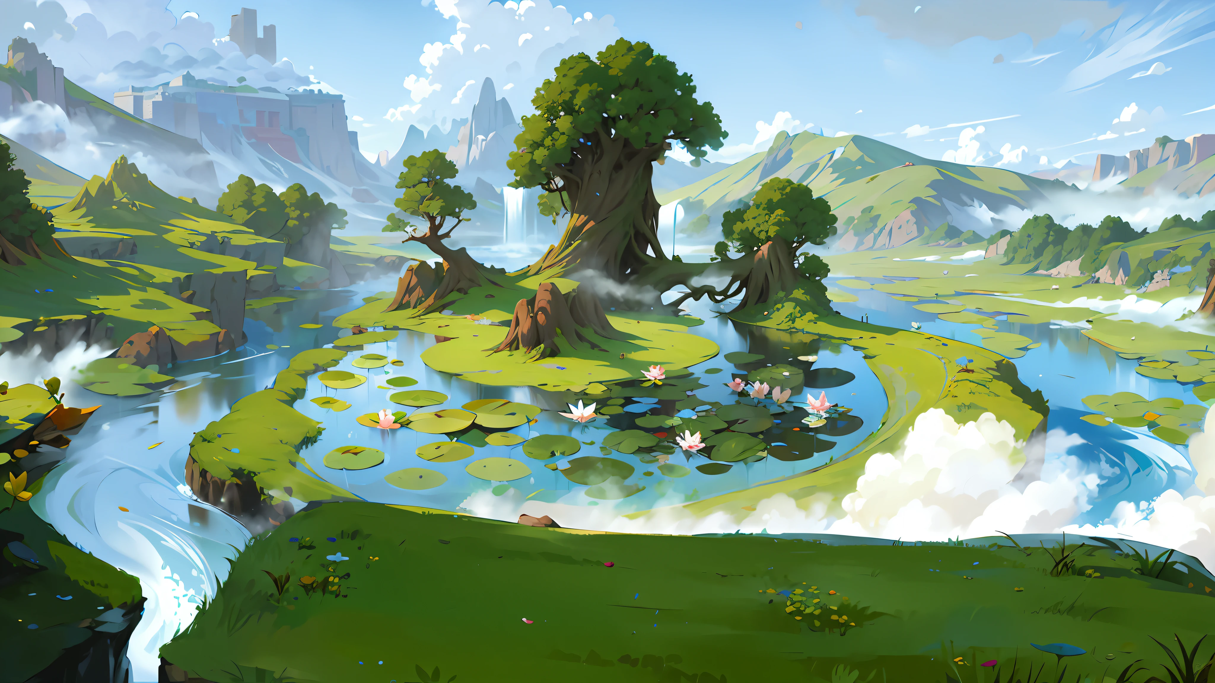 A painting of a river running through a lush green valley - SeaArt AI