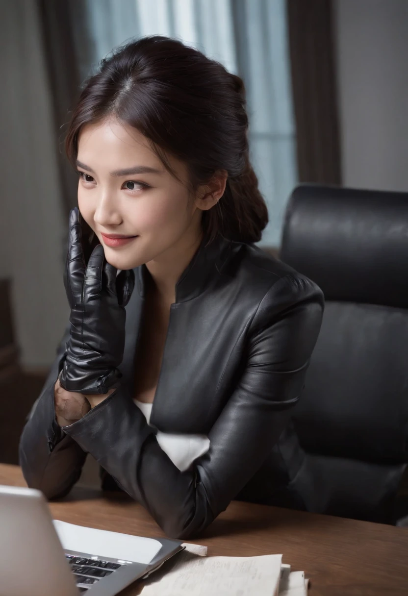 Wearing black leather gloves in both hands, upper body, black business suit, facing the desk in my room with a computer in the dark, looking down and smiling, operating the computer with the fingertips of black leather gloves, black hair bundled at the back for a long time, still young and very cute Japanese female new employee (black leather gloves cover both hands)