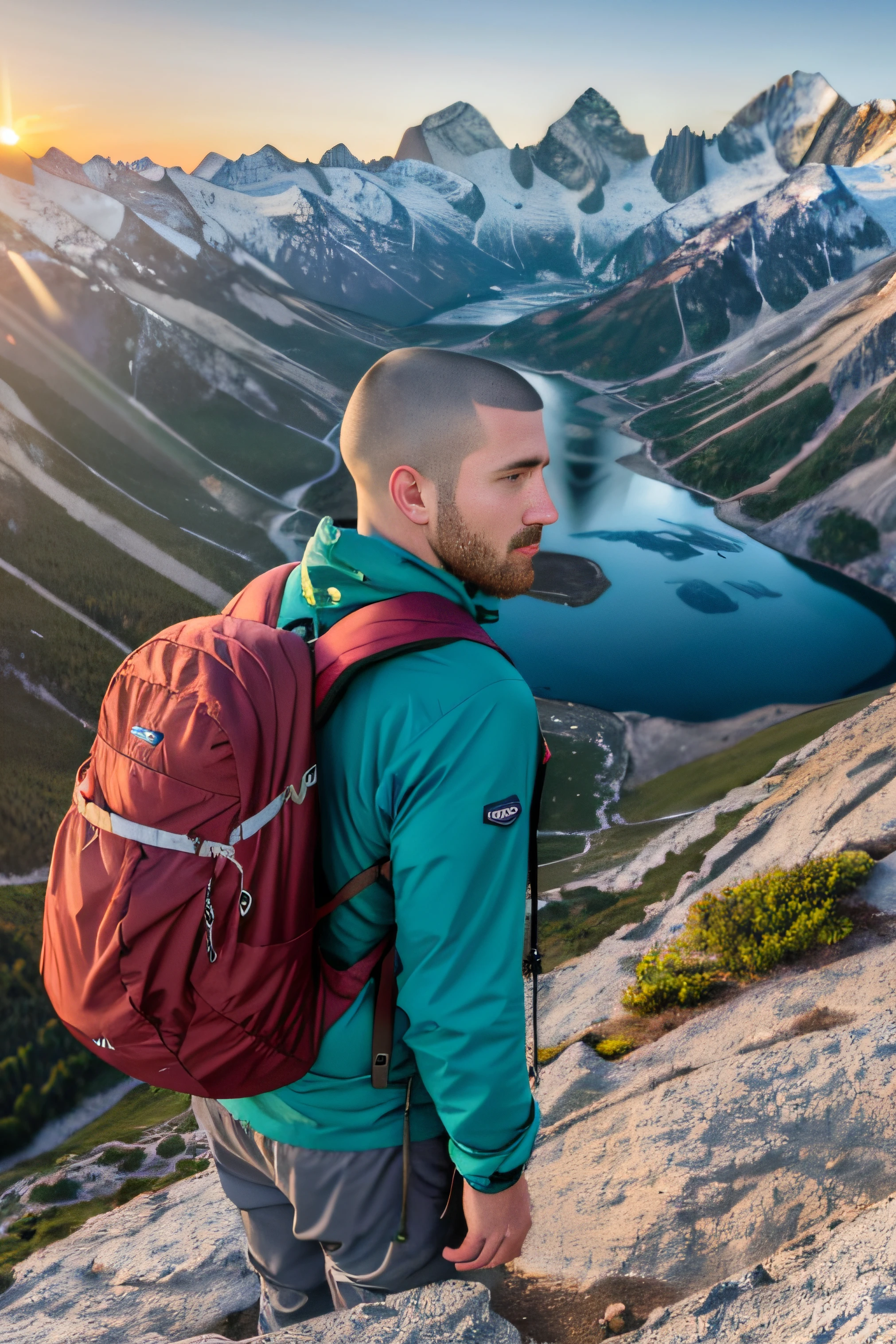(masterpiece, best quality, 8K wallpaper, high resolution, ultra-realistic), 1man, solo, buzz cut hair, full body from a little distance, front-facing, wearing patagonia, carrying a big backpack: 1.2, backpacker, mountaineer, watching a beautiful sunset while climbing, Trekking shoes