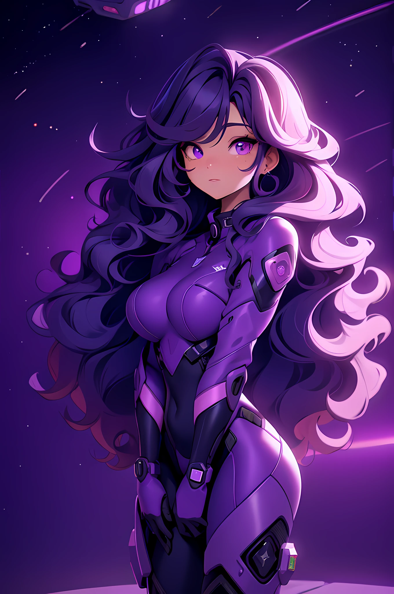 girl, long curly hair, purple mech suit, space background