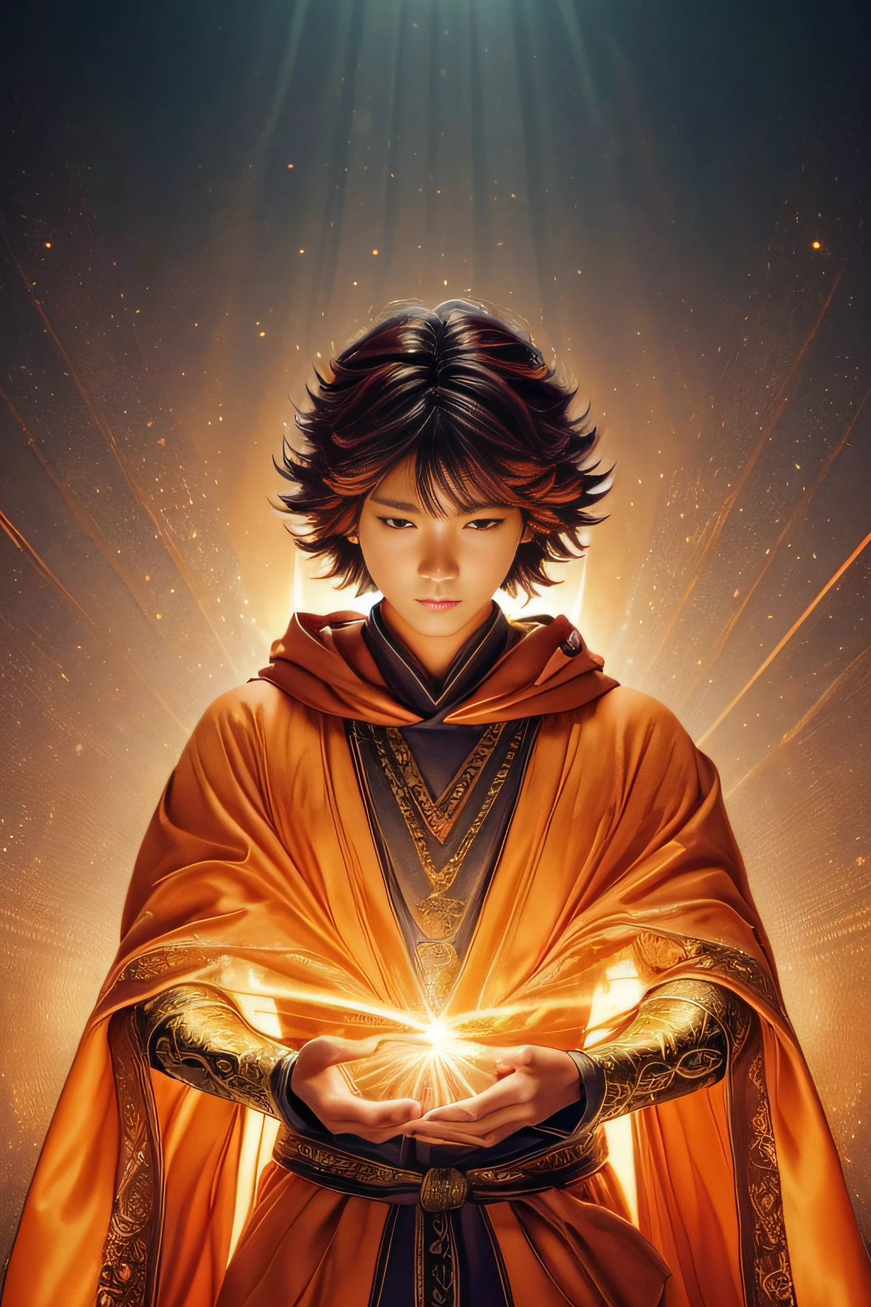 ((Best quality, 16k, Masterpiece: 1.3)), a picture, anime custome style, a Sage lineage, shiny cloak, detailed skin, summoning the Monk-God: 1.3, ((Layered haircut, detailed texture, floating light, orange light: 1.3)), in a Soul realm, cool colors, cinematic, realistic details of a perfect face
