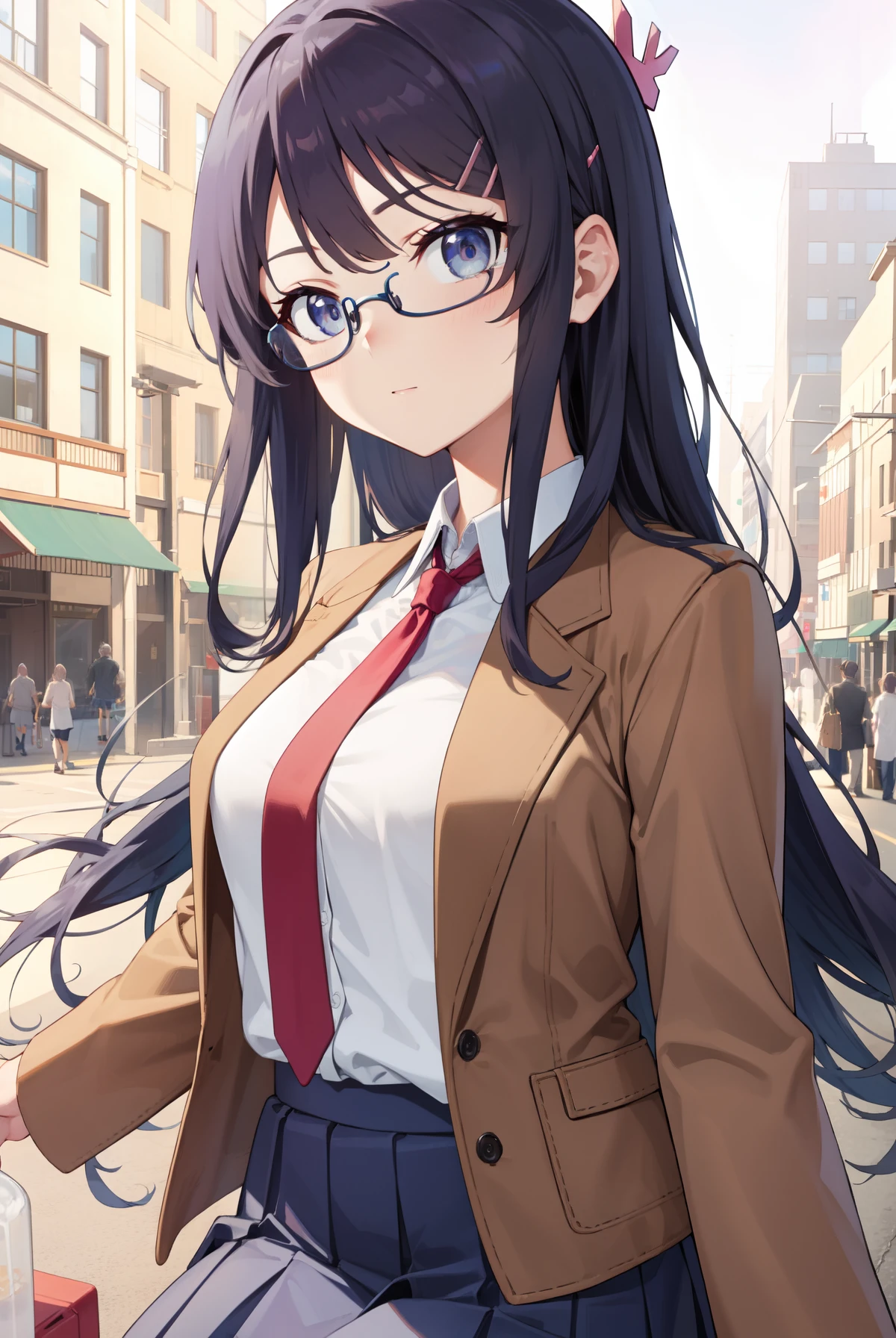 maisakurajima, sakurajima mai, long hair, bangs, black hair, hair ornament, (purple eyes:1.1), hairclip,
BREAK skirt, shirt, school uniform, white shirt, short sleeves, pantyhose, pleated skirt, collared shirt, blue skirt, black pantyhose, red necktie, jacket, brown jacket,
BREAK outdoors, city,
BREAK looking at viewer, BREAK (masterpiece:1.2), best quality, high resolution, unity 8k wallpaper, (illustration:0.8), (beautiful detailed eyes:1.6), extremely detailed face, perfect lighting, extremely detailed CG, (perfect hands, perfect anatomy), (rimless eyewear:1.1)