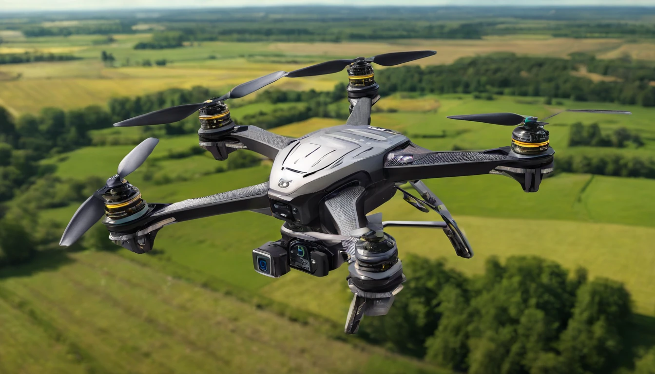 Hexacopter flying over farmland,cyber punk style,illustration,Flight stability,Unique perspective,Dynamic graphics,Full of technology。