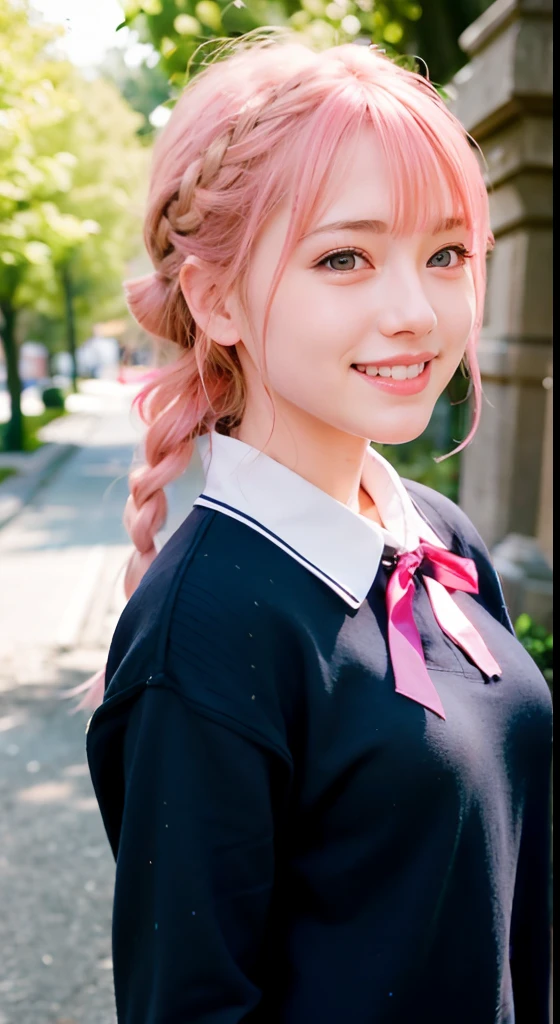 (ultra-detailliert), high-school uniform、Blue eyes,The upper part of the body、a closeup、faces、(A smile:1.5),(facing front:1.2), 20yr old, s girl,no tail,(no tail),2D, masterpiece, top-quality, animesque, A detailed eye, A detailed face, girl with, Only 1 person,Medium hair with pink hair, (Pink hair), Ear Hair, small tits, Single braid, (Single braid), (Side braid), Golden Ribbon, Ribbon around the neck,school background