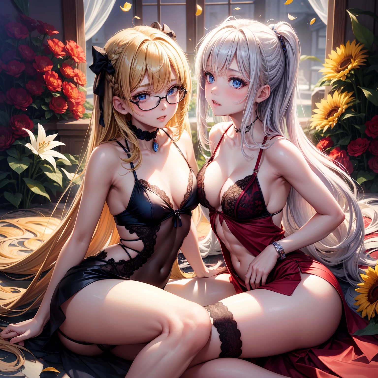 super high image, super detail, super high resolution, portrait, sexy female, beautiful, cute, glasses, blue sparkling big eyes, light blonde glossy braided bangs hair, red alluring moist lips, amorous expression, lewd expression, flat chest, abs, slender, black lace see-through tight dress, background lots of petals from lilies cherry blossoms and sunflowers are spread all over the place, professional lighting