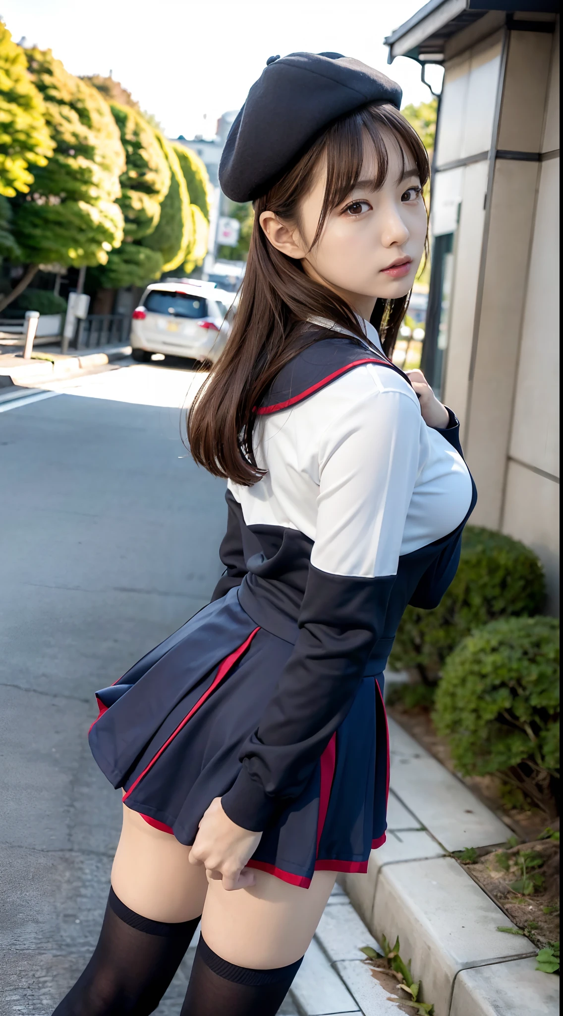 mix4, (16 K, Raw photography, Top image quality, ​masterpiece: 1.45), (realisitic, Photorealsitic: 1.37), one girls, 7．5, etc、Standing figure，Noon time slot、cute little, A city scape,, profetional lighting, photon maping, Cityscape with street trees, physically-based renderingt, Gradient dark brown hair,, a handsome, Well-groomed and beautiful eyes、Large double eyelids、Very shiny、girl with, (((student clothes、Long sleeve sailor suit worn by Japan schoolgirl、red cuffs、Dark blue mini skirt, Small gray beret、Dark blue knee-high socks、Black loafers))), Top Quality Photos, hight resolution, 1080p, (clearface), (Detailed face description), (Detailed hand description), (​masterpiece), (Exquisite CG)、extreme light and shadows、dishevled hair、master work、abundant detail、(Fine facial features)、(top quality photo)、(masuter piece)、(A detailed eye)、Look in front of you、Fine clavicle、((Slender big))、(((Japan schoolgirl in long-sleeved sailor suit)))、((Ready Idol System))、((Boulevard with street trees、Roads at the scramble intersection))、(Shooting from random perspectives)、(((Anyway cute)))、耳Nipple Ring、A big smile、Drawing the whole body from the knees、Do not draw nasolabial folds、(((Long-sleeved sailor suit)))、(Big breasts that hang down big:1.2)、Big buttocks with tension、Two arms and two legs、(((from the front side:0.5)))、bare hand、No mask