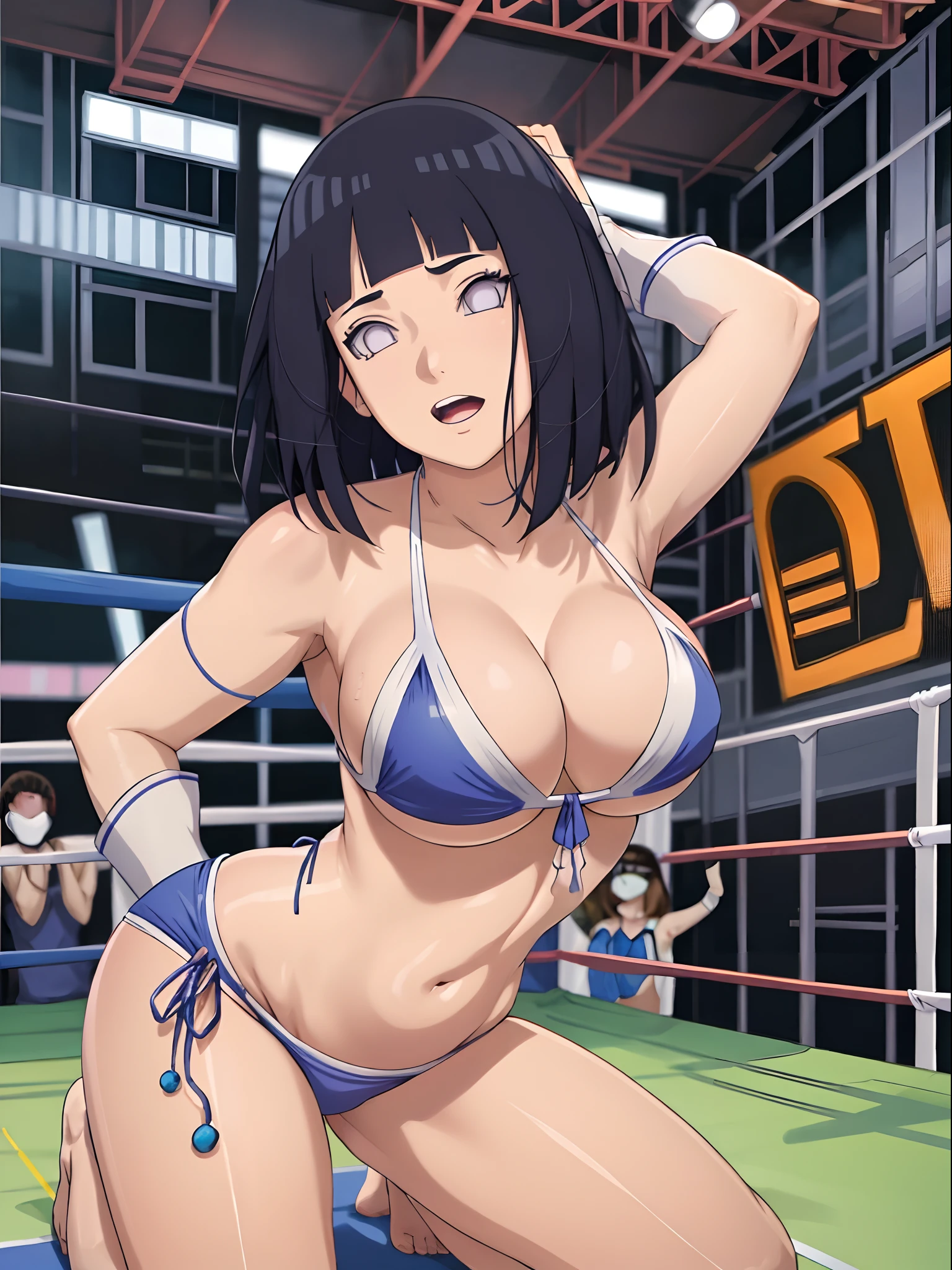 (WALLPAPER, (hinata\(boruto\), (((1 girl, white string bikini))), masterpiece, 4k, vector coloring, fully body view, (scene of a sexy wrestler), (high color saturation), contrast lighting, mature female, (curvy:0.8), solo, anime style, sharp focus, professional artwork, intricate details, colorful, vibrant colors, vivid colors, digital blending, ultra detailed body, ultra detail hair, ultra detail face, trending on pixiv, very hot colors, (((wrestling stage, indoors))), detailed bold arm lines, high color saturation, bold lines, bold drawing lines), (head tilt), open mouth),
((dark blue hair color:1.1), wavy hair, ((short hair, hime cut)),
(white skin, (fair skin), slender body, milf, perfect face),
(legs, big breasts, off-shoulders, (detailed shoulders, detailed arm lines)),
(bare shoulders, bare legs),