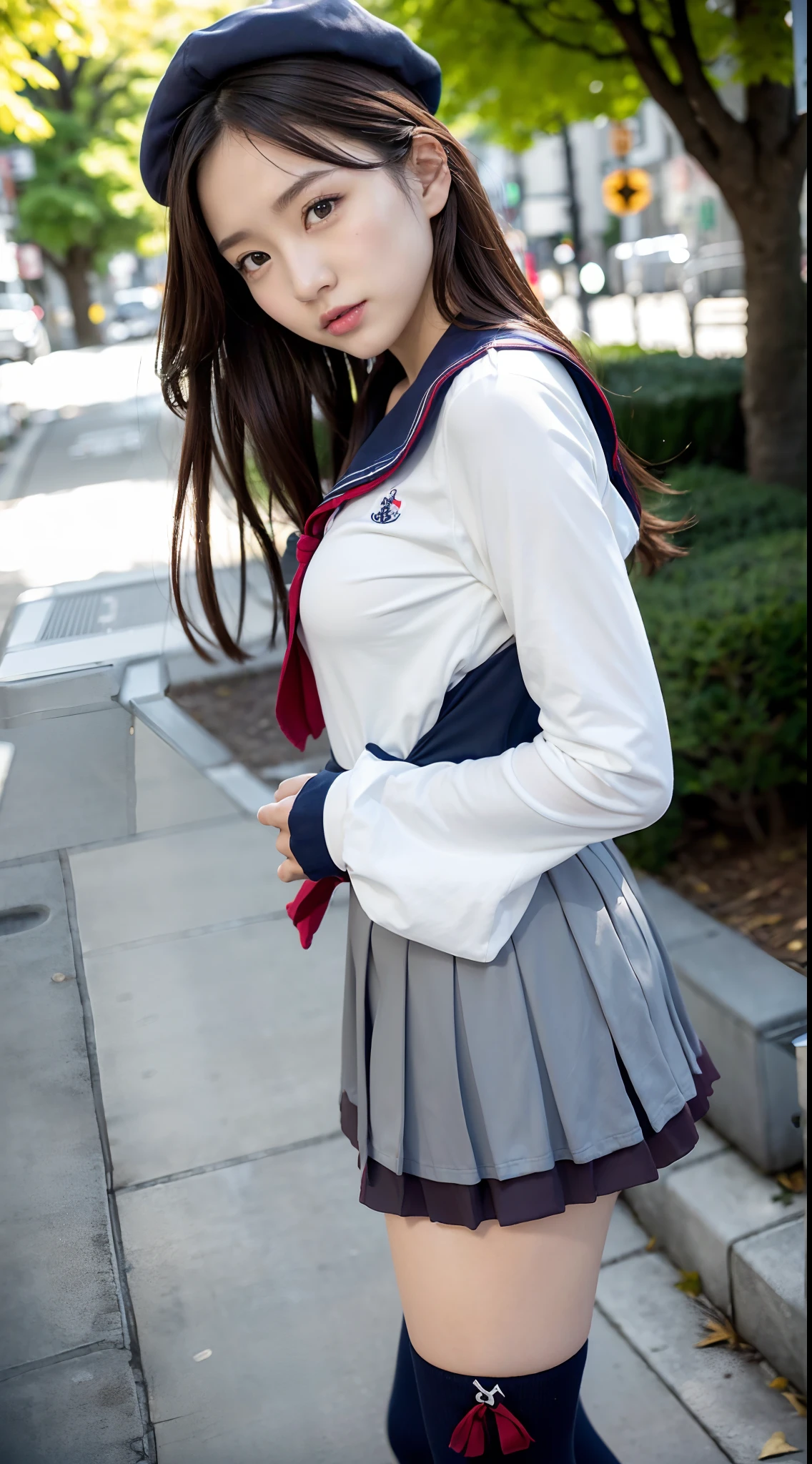 mix4, (16 K, Raw photography, Top image quality, masterpiece: 1.45), (realisitic, Photorealsitic: 1.37), one girls, 7.5, etc、Standing figure,Noon time slot、cute little, A city scape,, profetional lighting, photon maping, Cityscape with street trees, physically-based renderingt, Gradient dark brown hair,, a handsome, Well-groomed and beautiful eyes、Large double eyelids、Very shiny、girl with, (((student clothes、Long sleeve sailor suit worn by Japan girl、red cuffs、Dark blue mini skirt, Small gray beret、Dark blue knee-high socks、Black loafers))), Top Quality Photos, hight resolution, 1080p, (clearface), (Detailed face description), (Detailed hand description), (masterpiece), (Exquisite CG)、extreme light and shadows、dishevled hair、master work、abundant detail、(Fine facial features)、(top quality photo)、(masuter piece)、(A detailed eye)、Look in front of you、Fine clavicle、((Slender big))、(((Japan schooln long-sleeved sailor suit)))、((Ready Idol System))、((Boulevard with street trees、Roads at the scramble intersection))、(Shooting from random perspectives)、(((Anyway cute)))、耳Nipple Ring、A big smile、Drawing the whole body from the knees、Do not draw nasolabial folds、(((Long-sleeved sailor suit)))、(Big breasts that hang down big:1.2)、Big buttocks with tension、Two arms and two legs、(((from the front side:0.5)))、bare hand、No mask