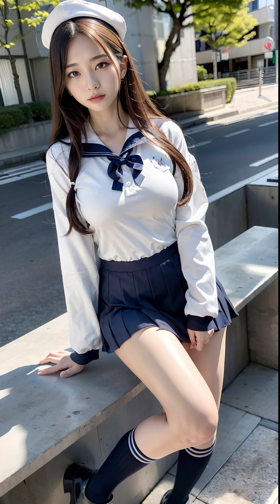 mix4, (16 K, Raw photography, Top image quality, ​masterpiece: 1.45), (realisitic, Photorealsitic: 1.37), one girls, 7．5, etc、Standing figure，Noon time slot、cute little, A city scape,, profetional lighting, photon maping, Cityscape with street trees, physically-based renderingt, Gradient dark brown hair,, a handsome, Well-groomed and beautiful eyes、Large double eyelids、Very shiny、girl with, (((student clothes、Long sleeve sailor suit worn by Japan girl、red cuffs、Dark blue mini skirt, Small gray beret、Dark blue knee-high socks、Black loafers))), Top Quality Photos, hight resolution, 1080p, (clearface), (Detailed face description), (Detailed hand description), (​masterpiece), (Exquisite CG)、extreme light and shadows、dishevled hair、master work、abundant detail、(Fine facial features)、(top quality photo)、(masuter piece)、(A detailed eye)、Look in front of you、Fine clavicle、((Slender big))、(((Japan schooln long-sleeved sailor suit)))、((Ready Idol System))、((Boulevard with street trees、Roads at the scramble intersection))、(Shooting from random perspectives)、(((Anyway cute)))、耳Nipple Ring、A big smile、Drawing the whole body from the knees、Do not draw nasolabial folds、(((Long-sleeved sailor suit)))、(Big breasts that hang down big:1.2)、Big buttocks with tension、Two arms and two legs、(((from the front side:0.5)))、bare hand、No mask