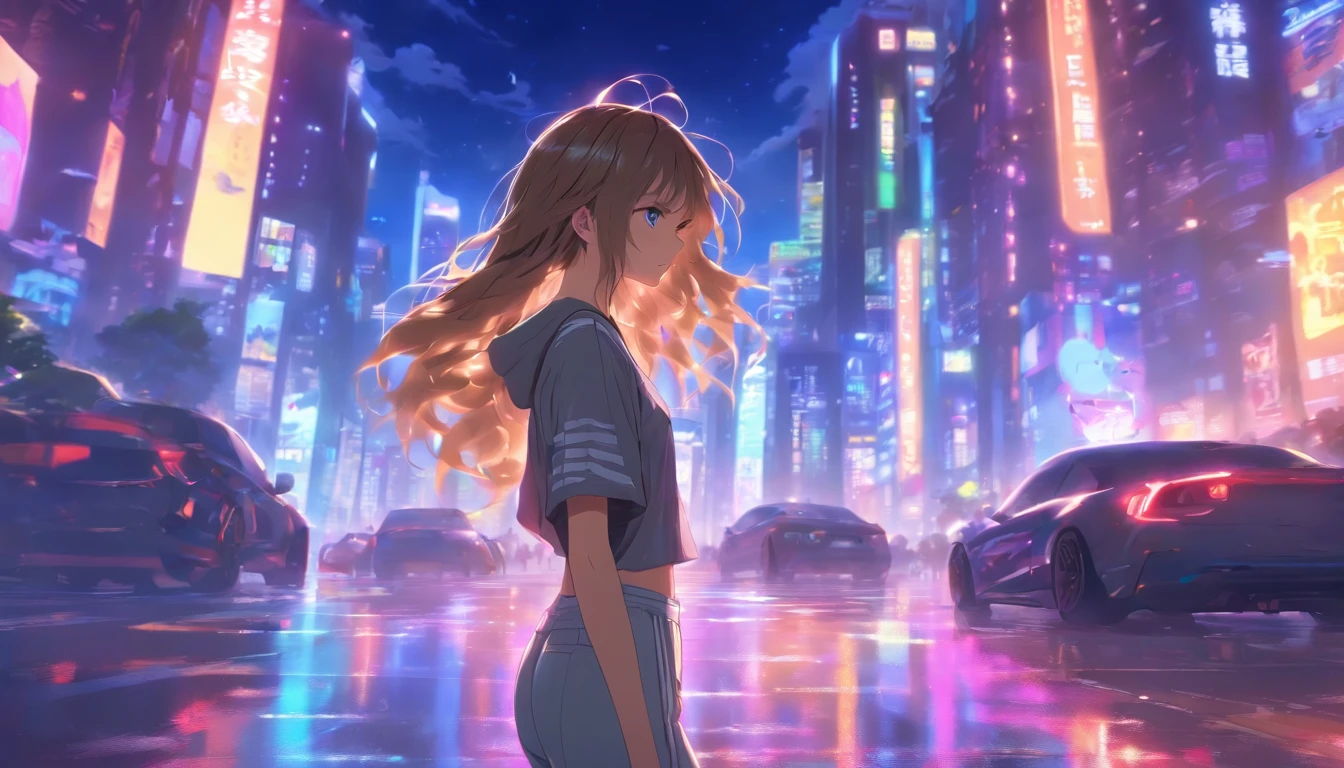 Girl, look at sky, light-brown long hair, hair in wind, skinny pants, grey shirt, Adidas Garden Se, night weather, urban center, neonlight, Background characters and cars