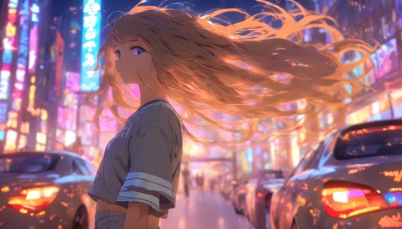 Girl, look at sky, light-brown long hair, hair in wind, skinny pants, grey shirt, Adidas Garden Se, night weather, urban center, neonlight, Background characters and cars