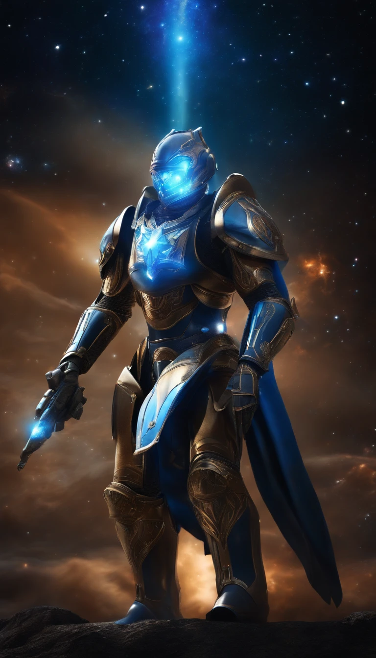 Best quality, Masterpiece,ultra high resolution, (photograph realistic:1.4), surrealism, Dream-like,fusionart, Star Armor,Constellations twinkle , The small universe burns, Blue energy